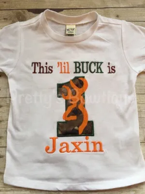 1st Birthday Camo Boy Bodysuit / T Shirt Customizable for Any Age, Personalized with Name -- This lil Buck is one