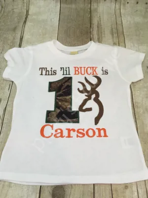 1st Birthday Camo Boy Bodysuit / T Shirt Customizable for Any Age, Personalized with Name -- This lil Buck is one