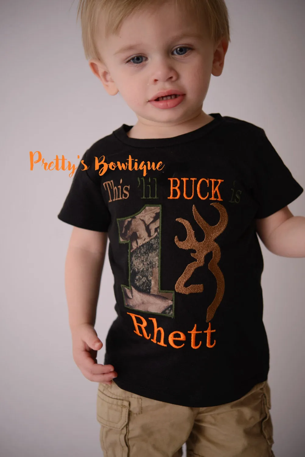 1st Birthday Camo Boy Bodysuit / T Shirt Customizable for Any Age, Personalized with Name -- This lil Buck is one