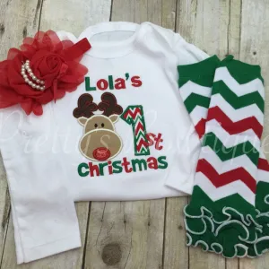 1st Christmas bodysuit or shirt Babies 1st Christmas Shirt Reindeer Chevron, headband, and legwarmers