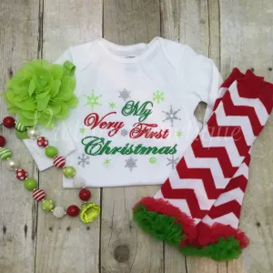 1st Christmas Outfit in Sizes Newborn to 2T - Bodysuit or Shirt with Leg Warmers, Necklace and Headband