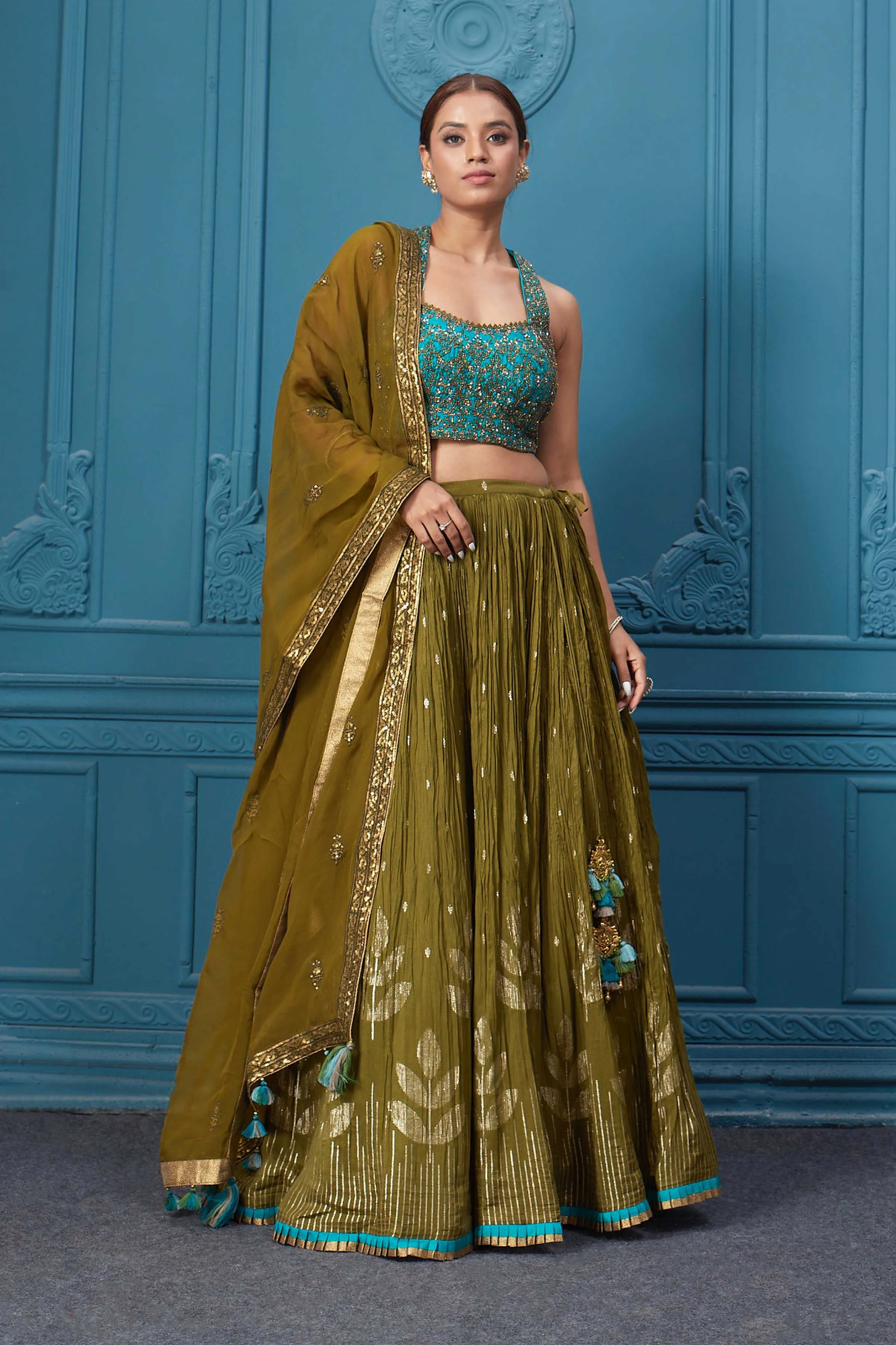 310044 Mehndi Green Lehenga With Contrasting Blouse