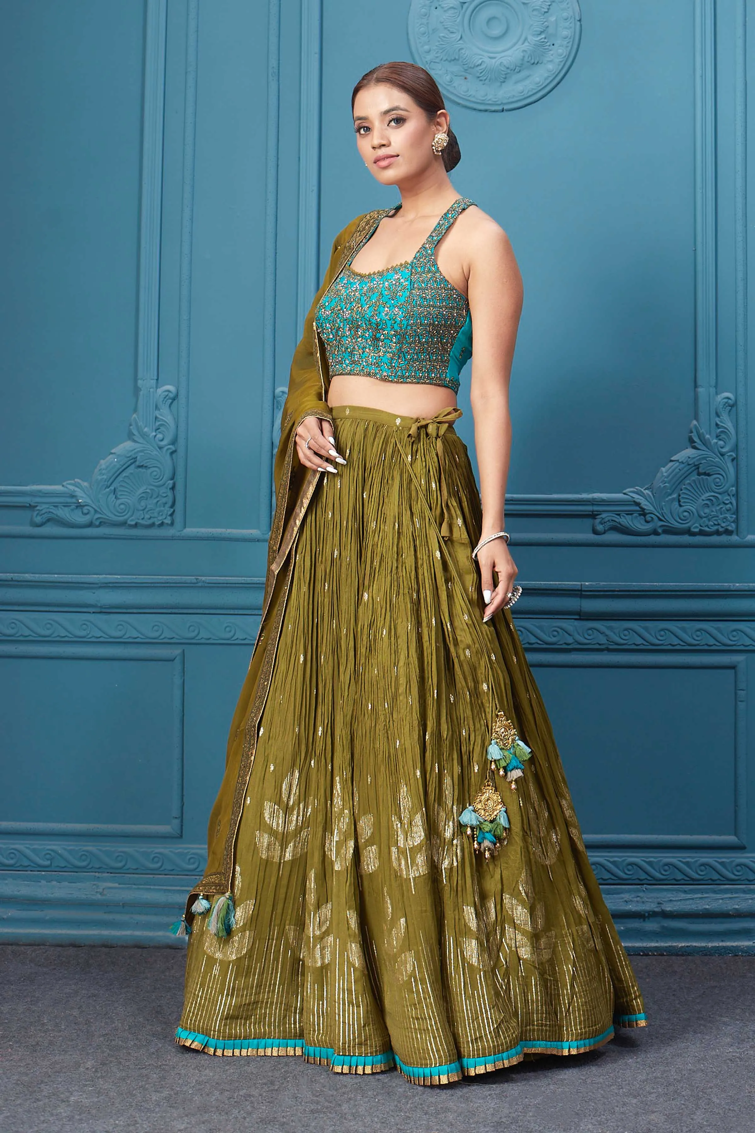 310044 Mehndi Green Lehenga With Contrasting Blouse