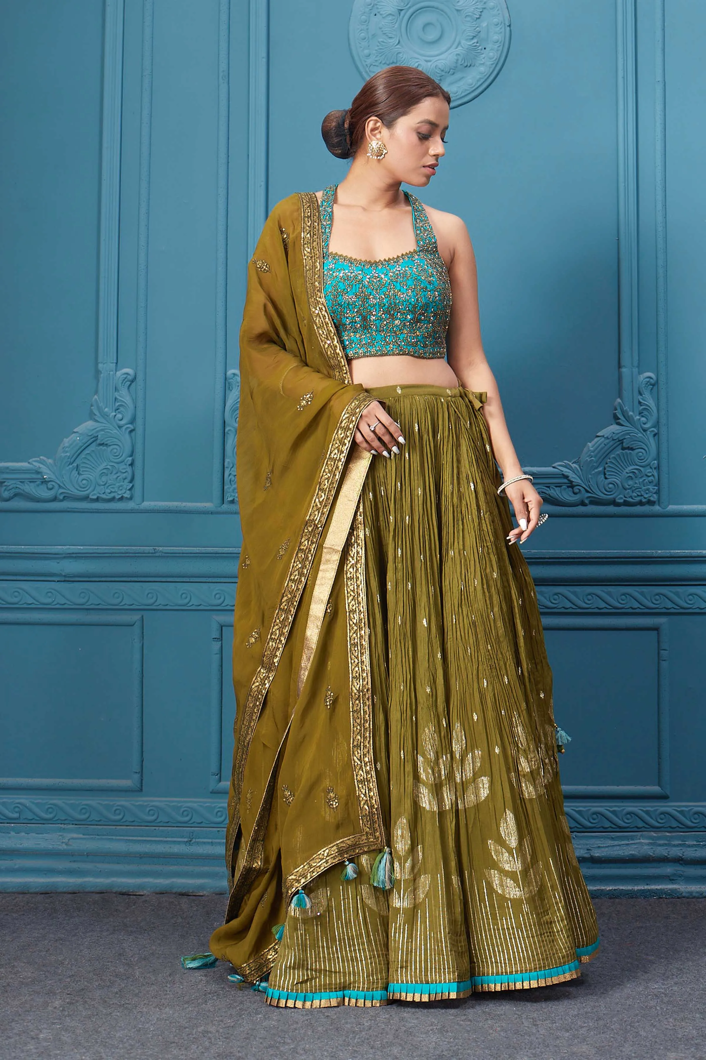 310044 Mehndi Green Lehenga With Contrasting Blouse