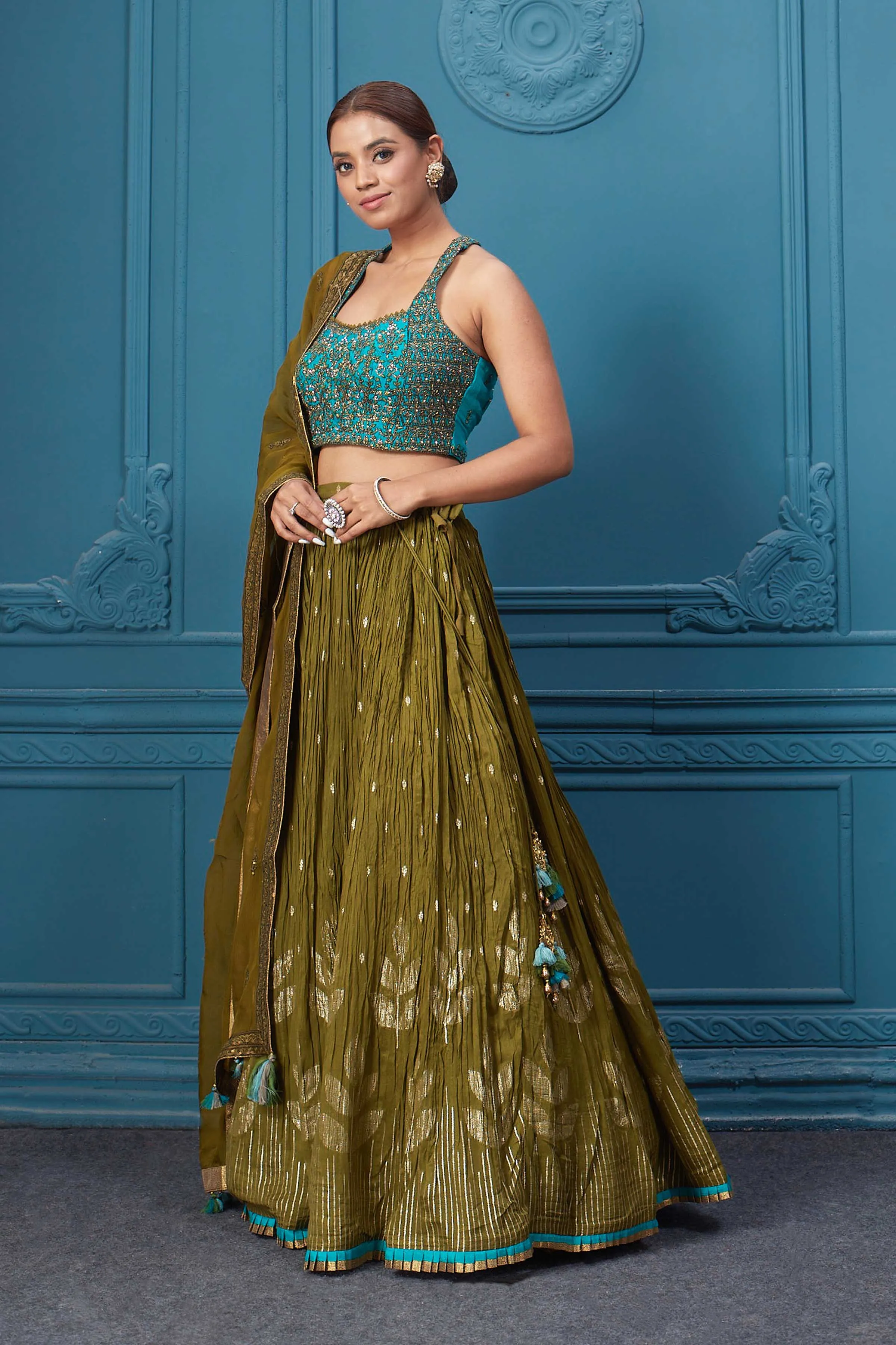 310044 Mehndi Green Lehenga With Contrasting Blouse