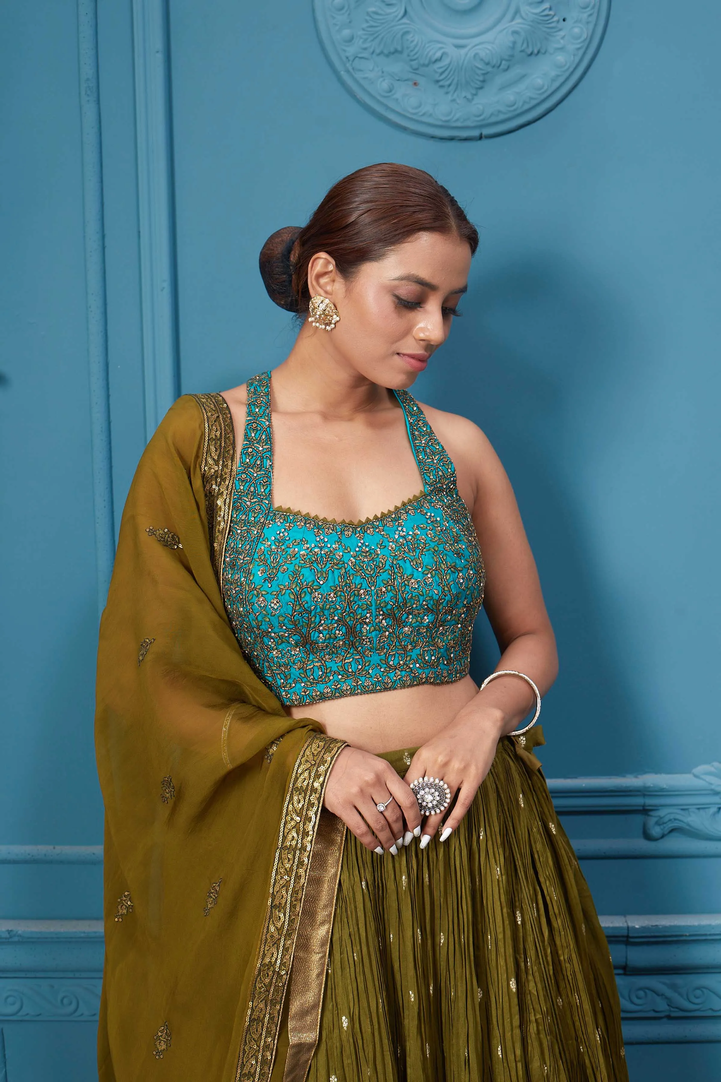 310044 Mehndi Green Lehenga With Contrasting Blouse