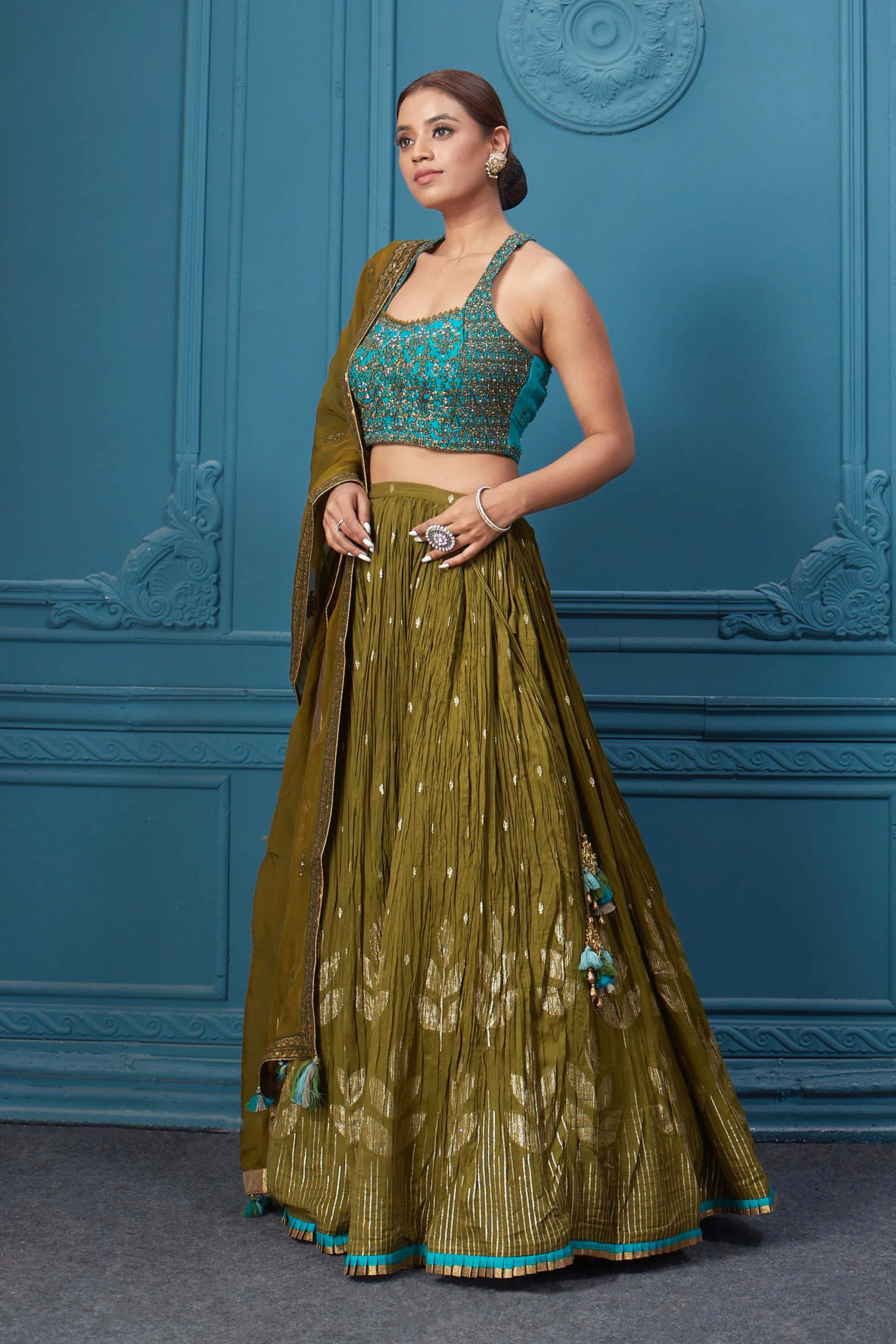 310044 Mehndi Green Lehenga With Contrasting Blouse