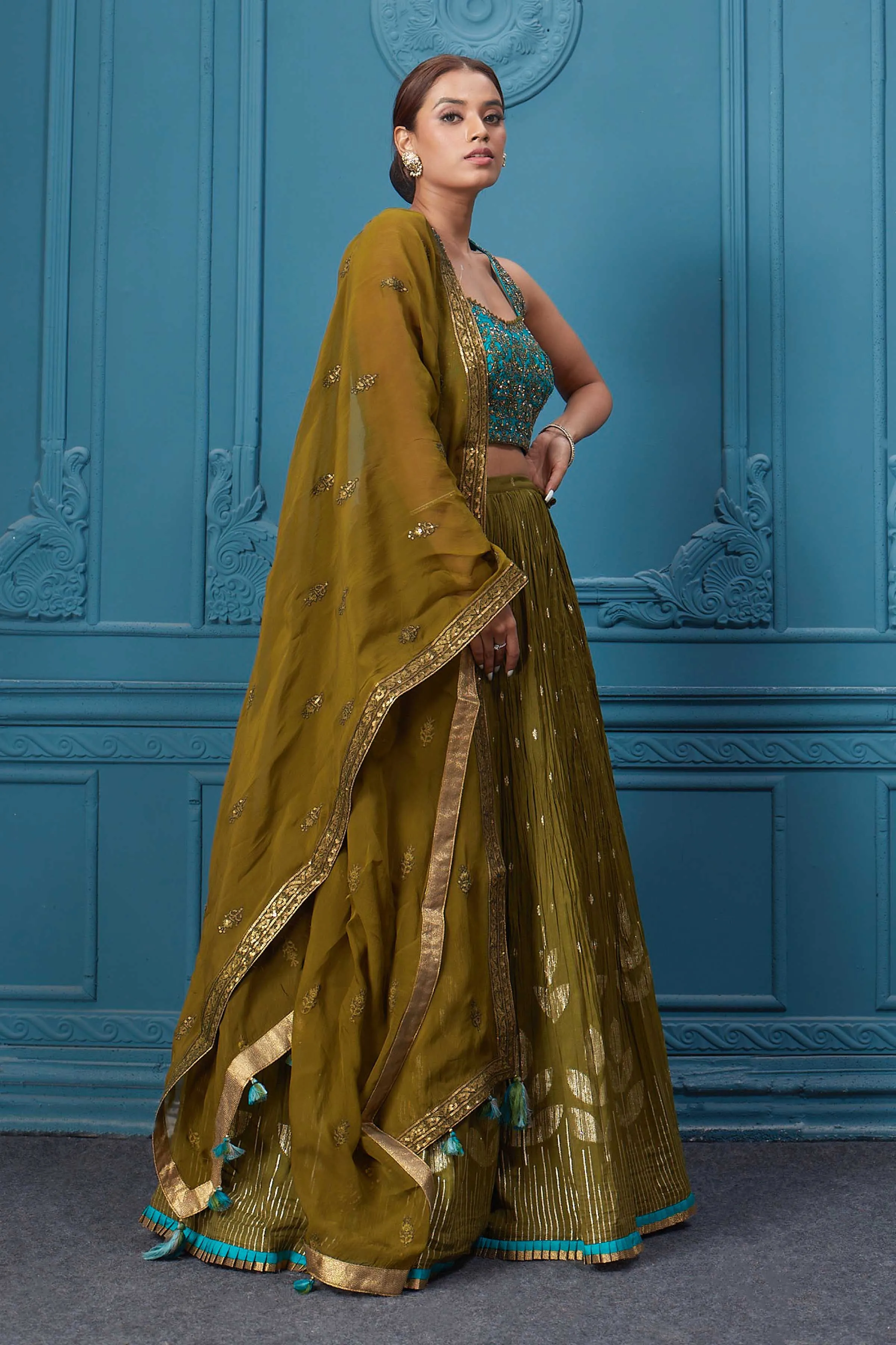 310044 Mehndi Green Lehenga With Contrasting Blouse