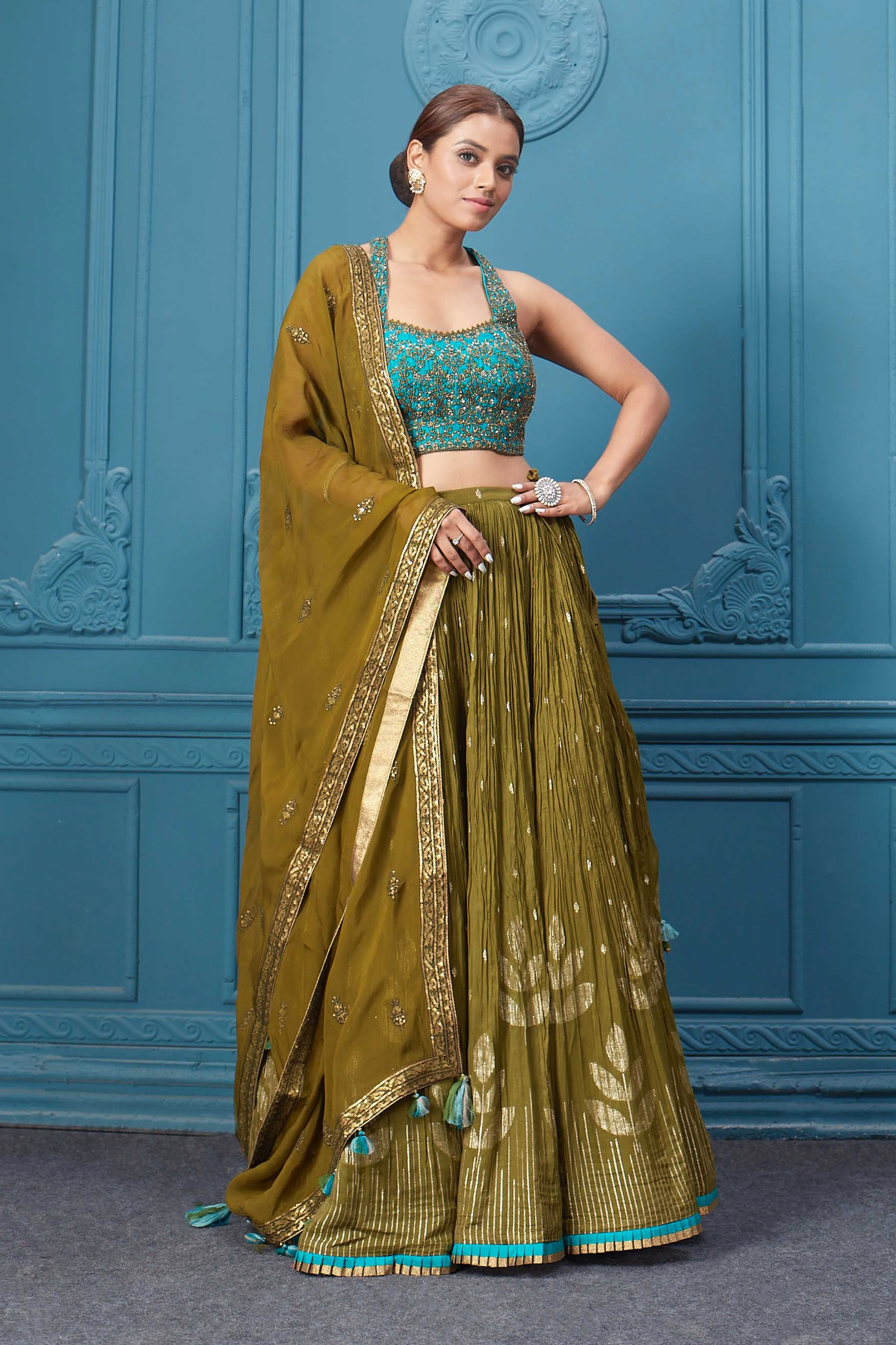 310044 Mehndi Green Lehenga With Contrasting Blouse