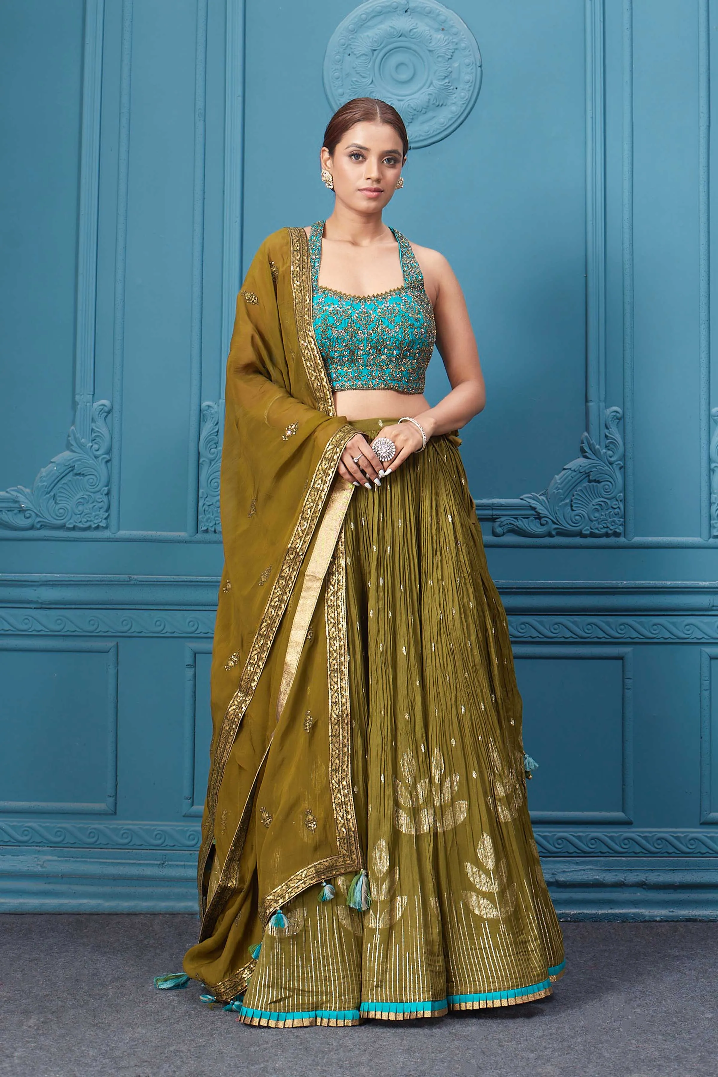 310044 Mehndi Green Lehenga With Contrasting Blouse