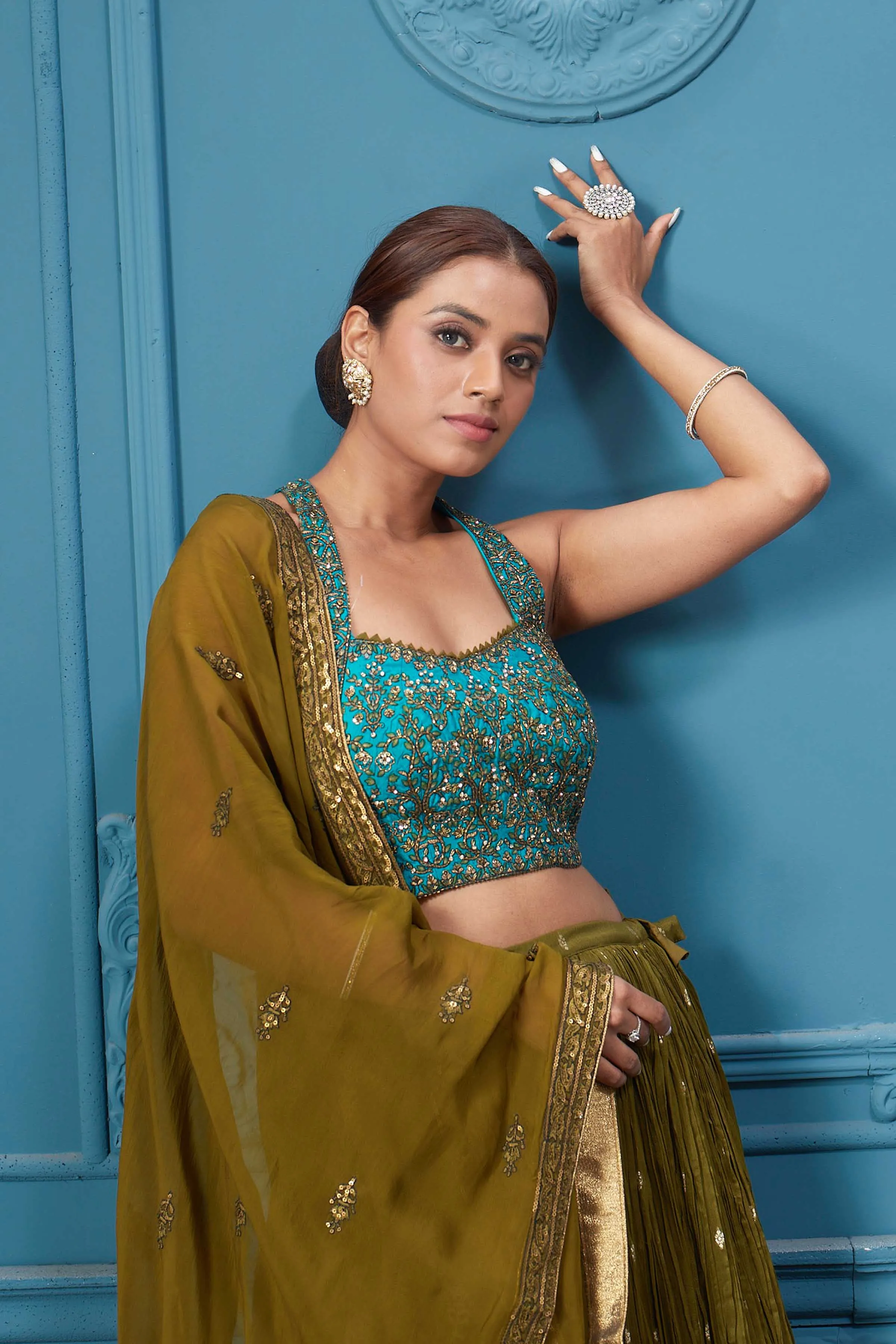 310044 Mehndi Green Lehenga With Contrasting Blouse