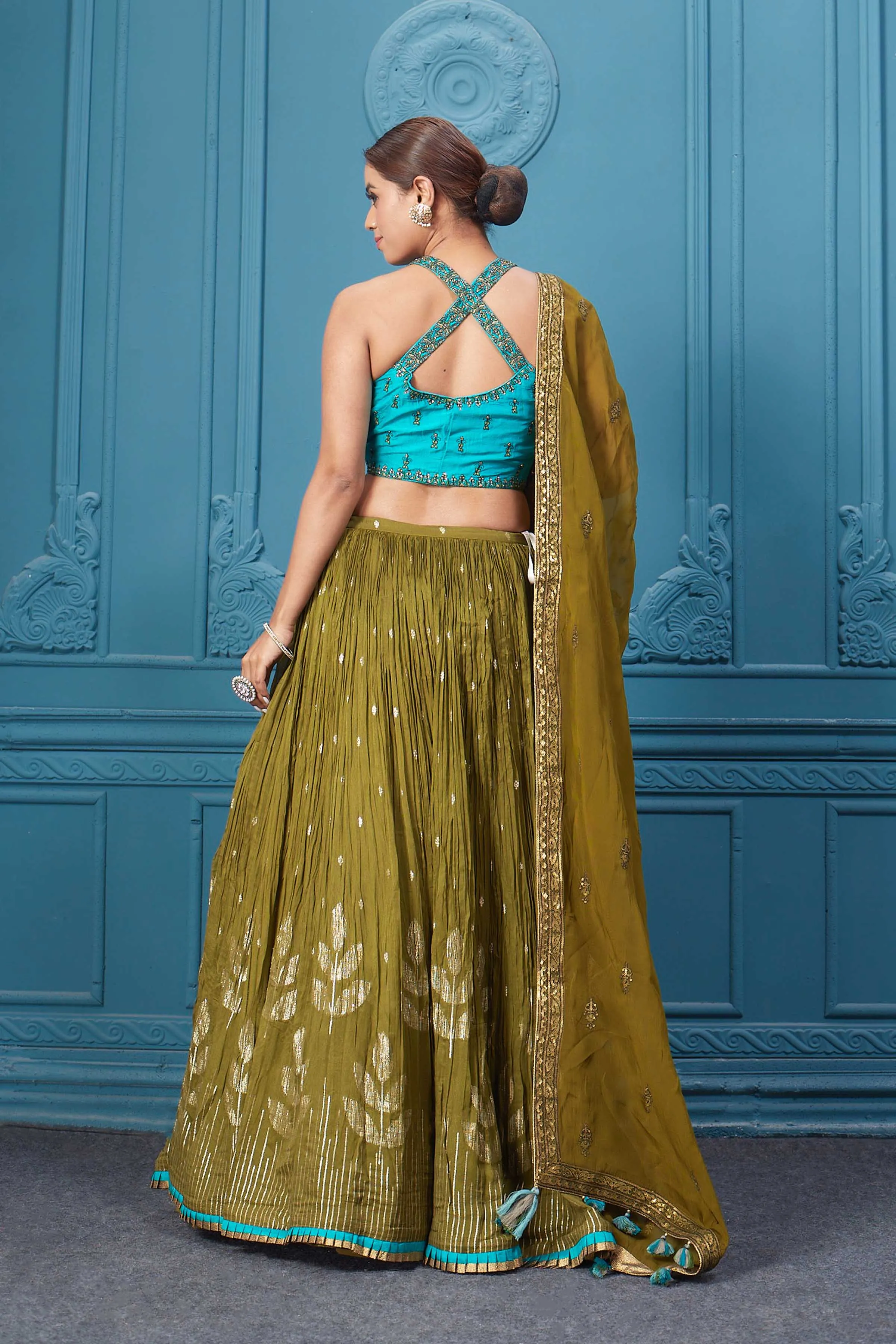 310044 Mehndi Green Lehenga With Contrasting Blouse