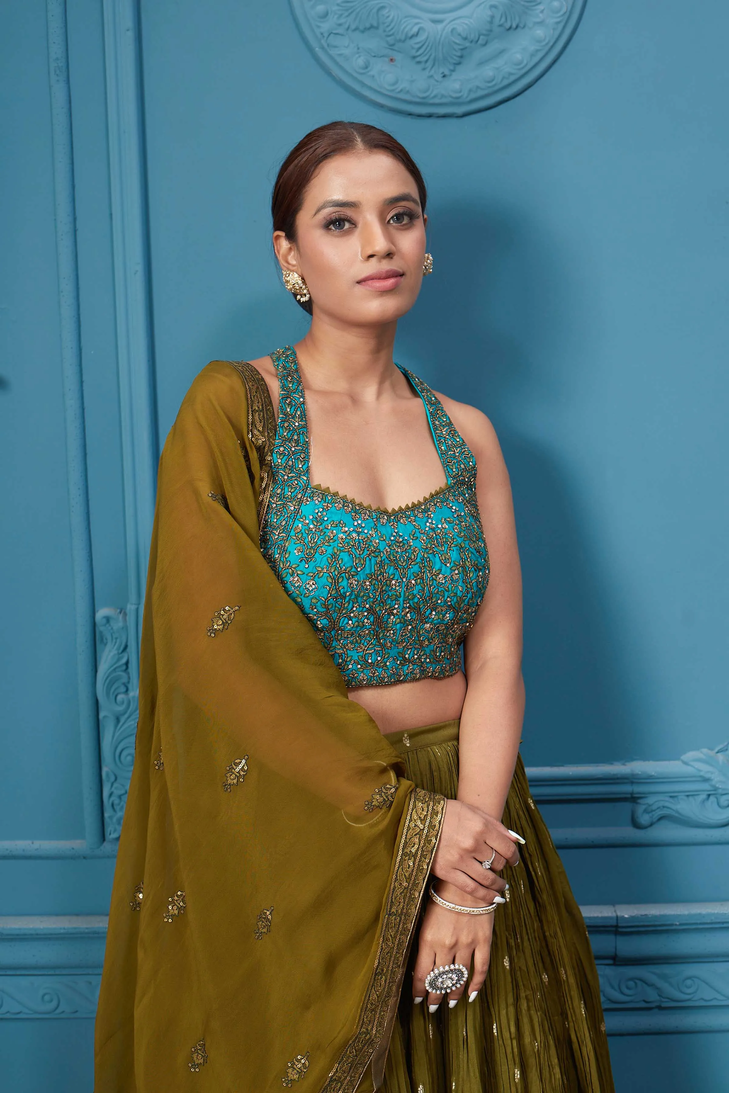 310044 Mehndi Green Lehenga With Contrasting Blouse