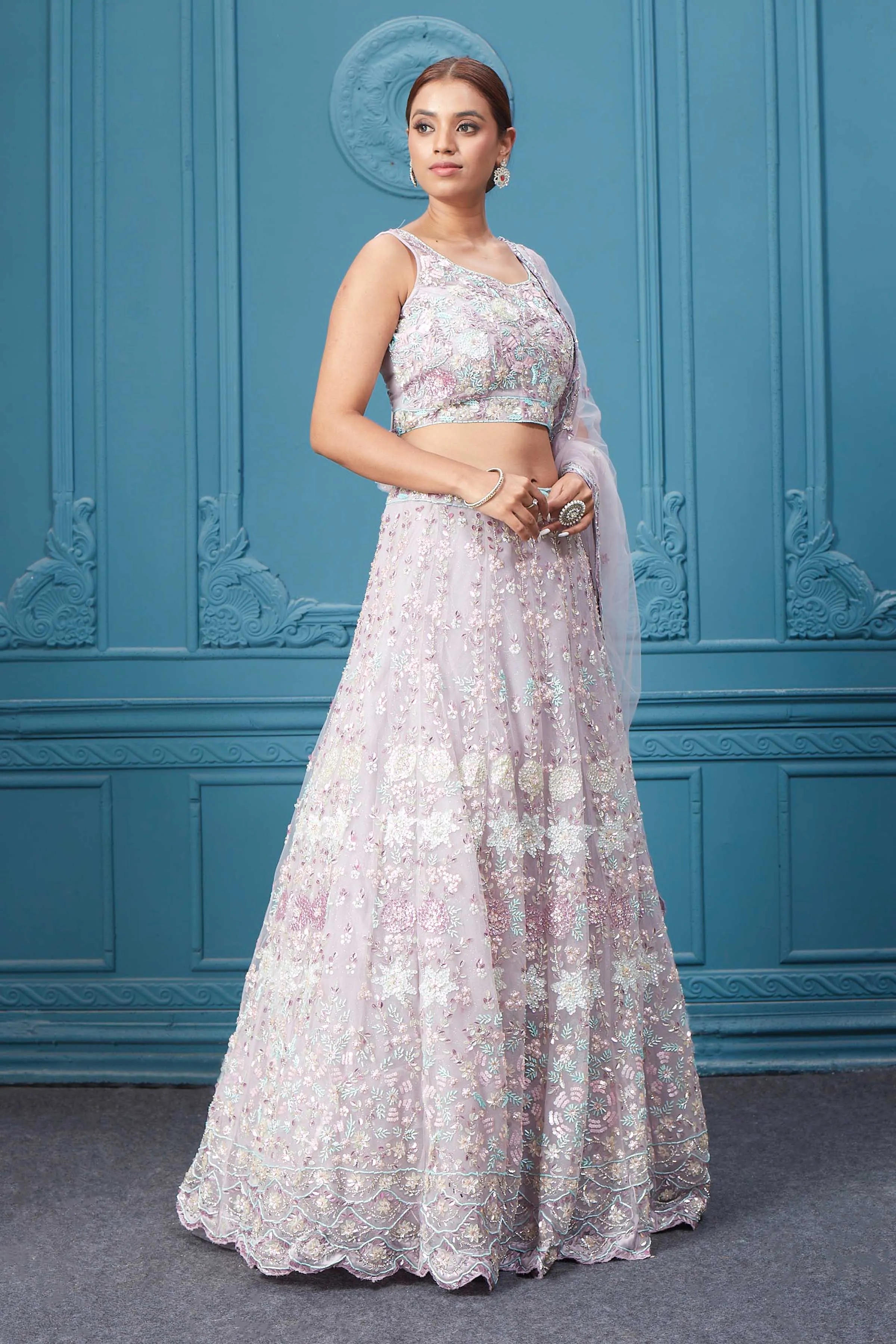 310048 Beautiful Off White Floral Embroidered Lehenga