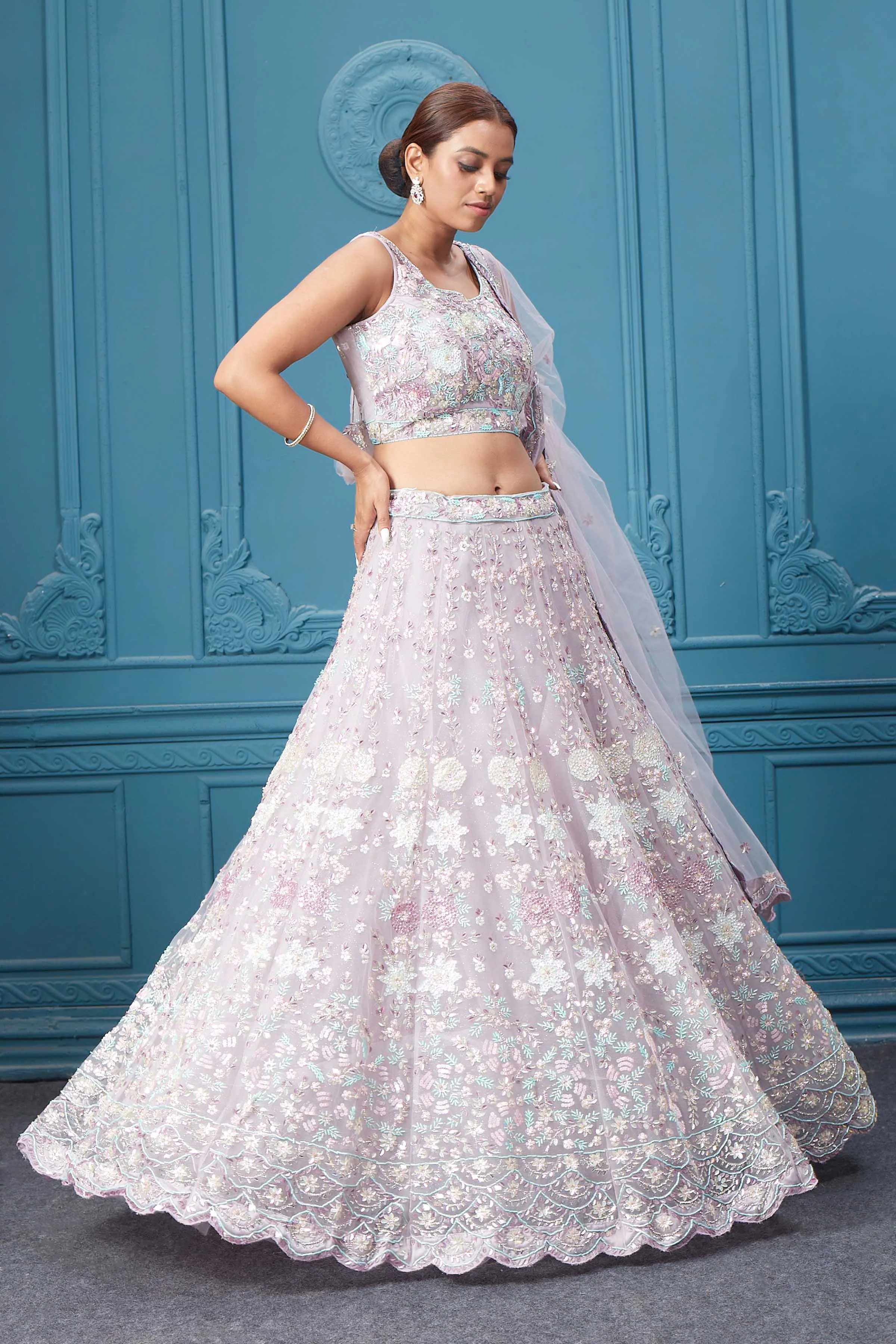 310048 Beautiful Off White Floral Embroidered Lehenga