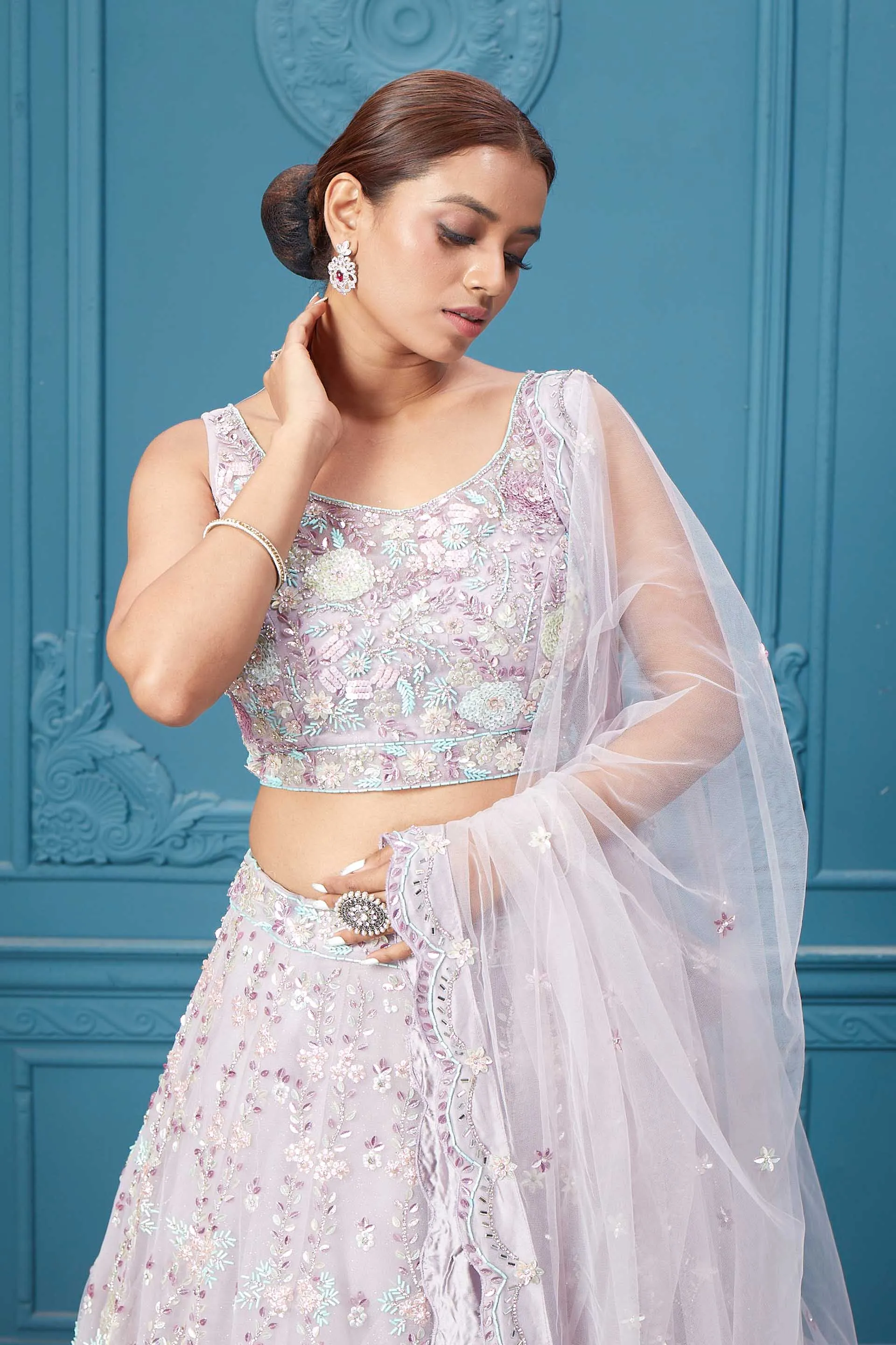 310048 Beautiful Off White Floral Embroidered Lehenga