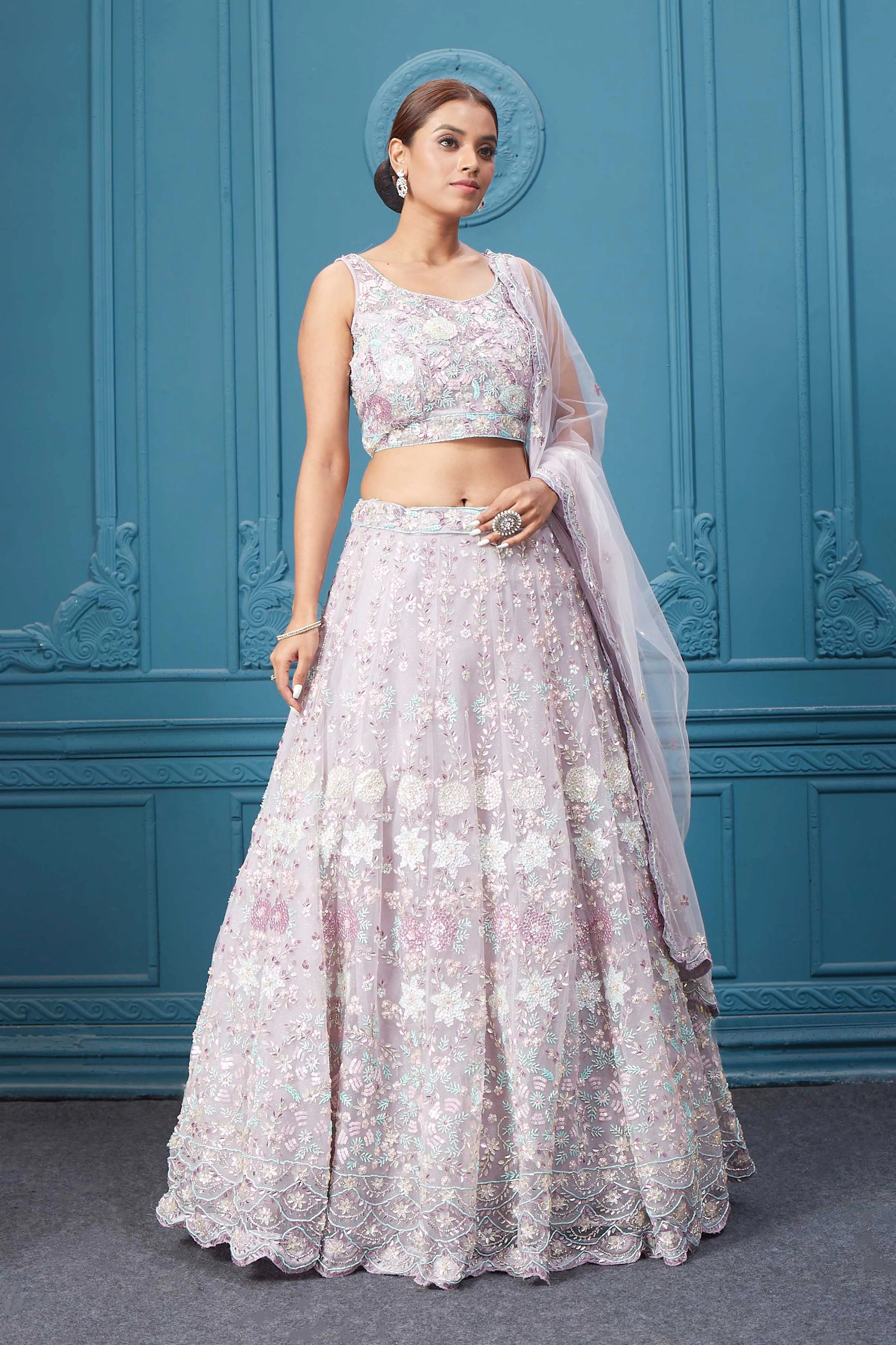 310048 Beautiful Off White Floral Embroidered Lehenga