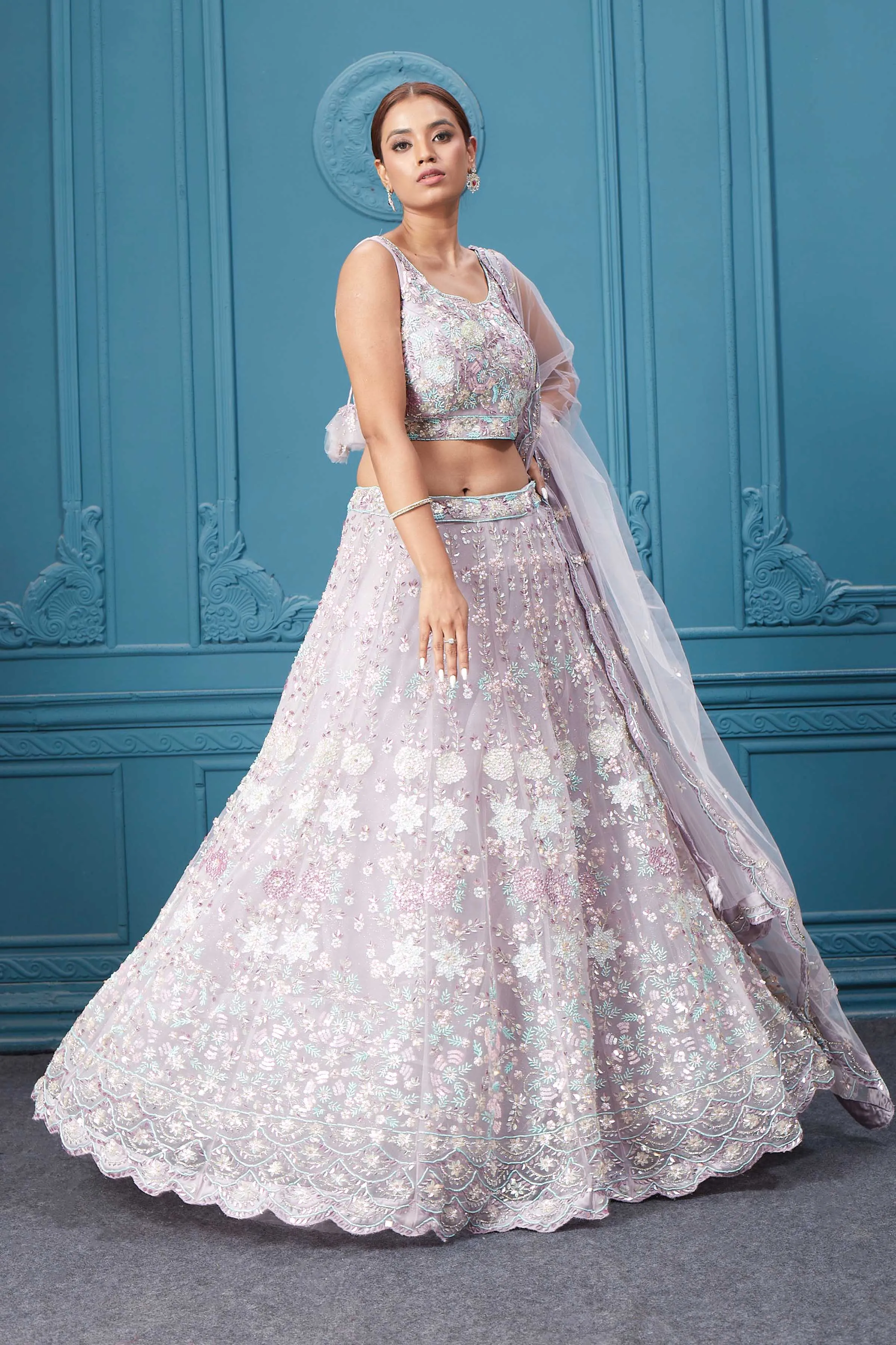 310048 Beautiful Off White Floral Embroidered Lehenga