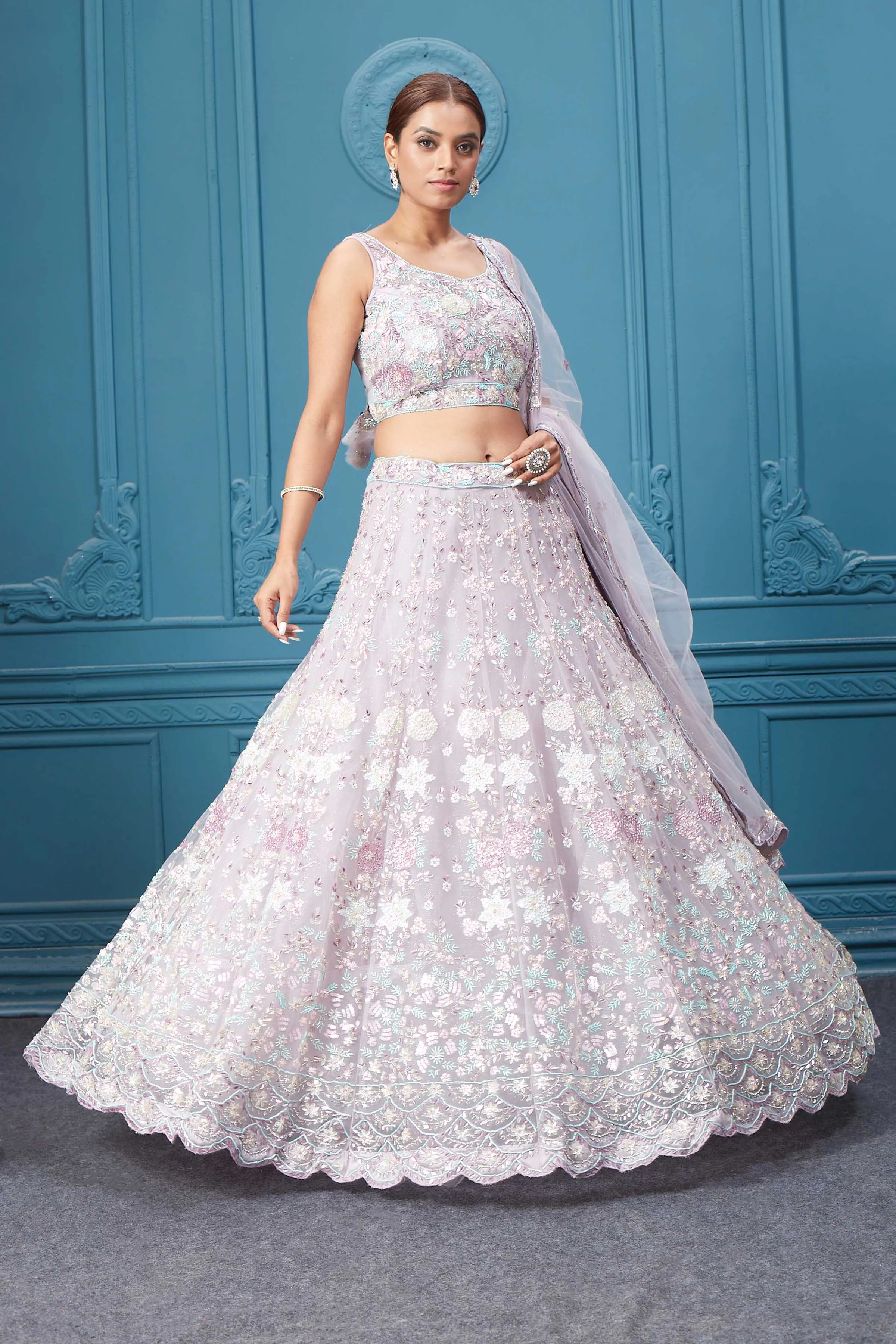 310048 Beautiful Off White Floral Embroidered Lehenga