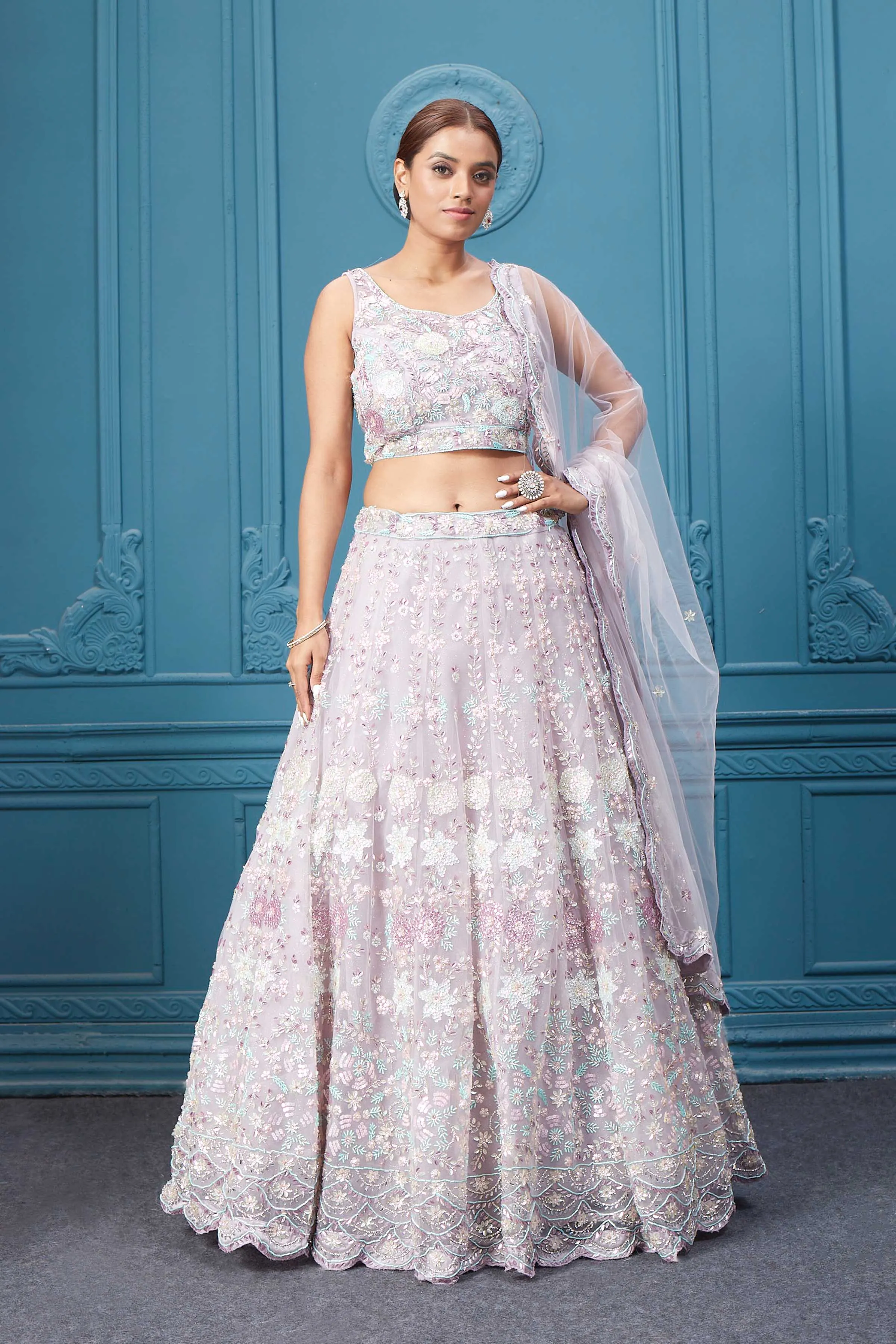 310048 Beautiful Off White Floral Embroidered Lehenga