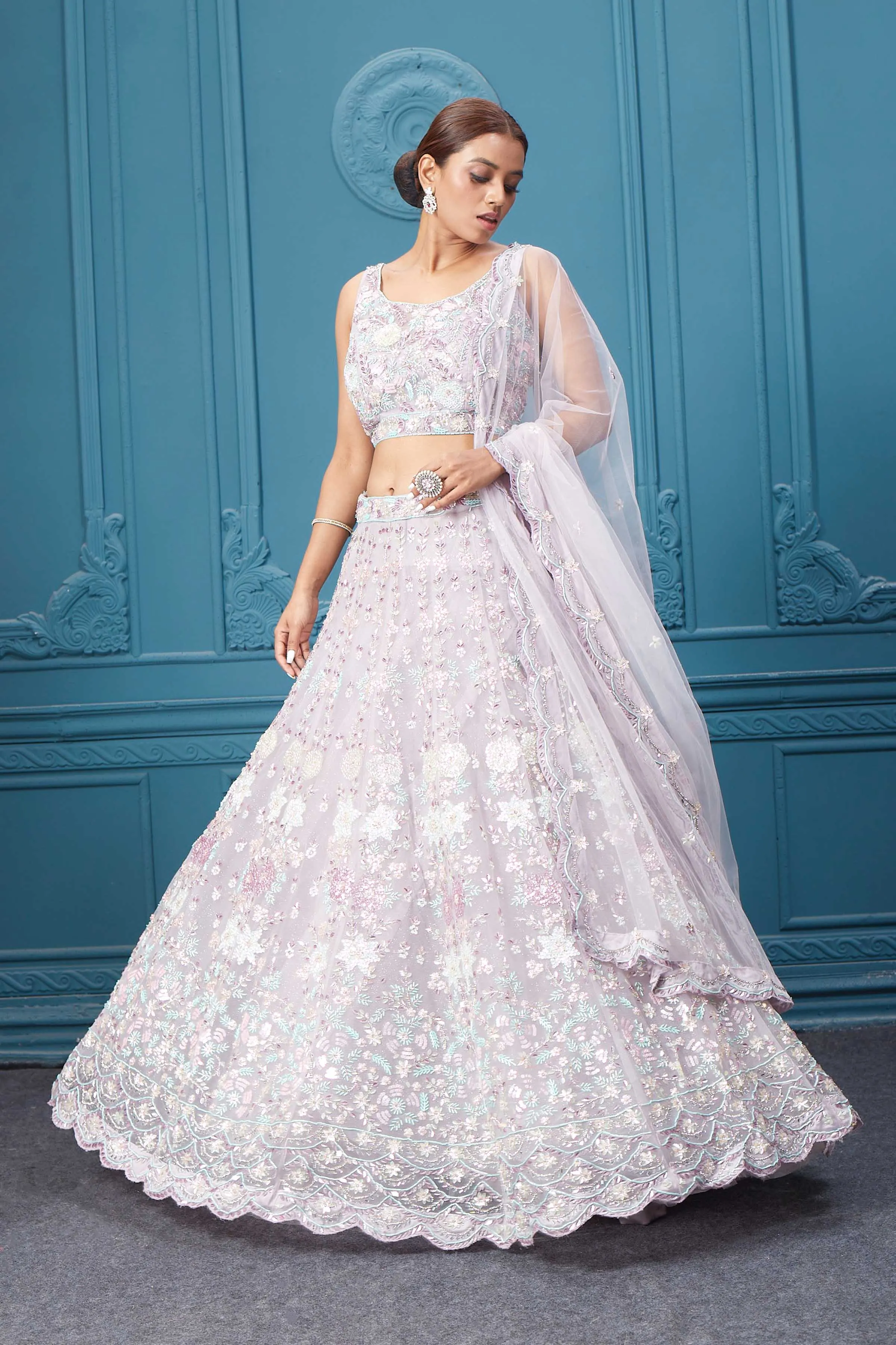 310048 Beautiful Off White Floral Embroidered Lehenga