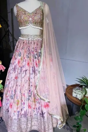 310060 Pink Printed Embroidered Lehenga With Pearls