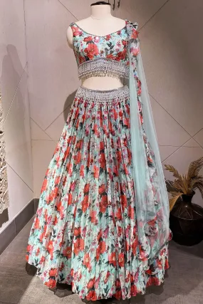 310062 Blue Lehenga With Red Floral Print