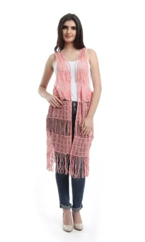 48476 Fringes Crochet Solid Vest - Pink