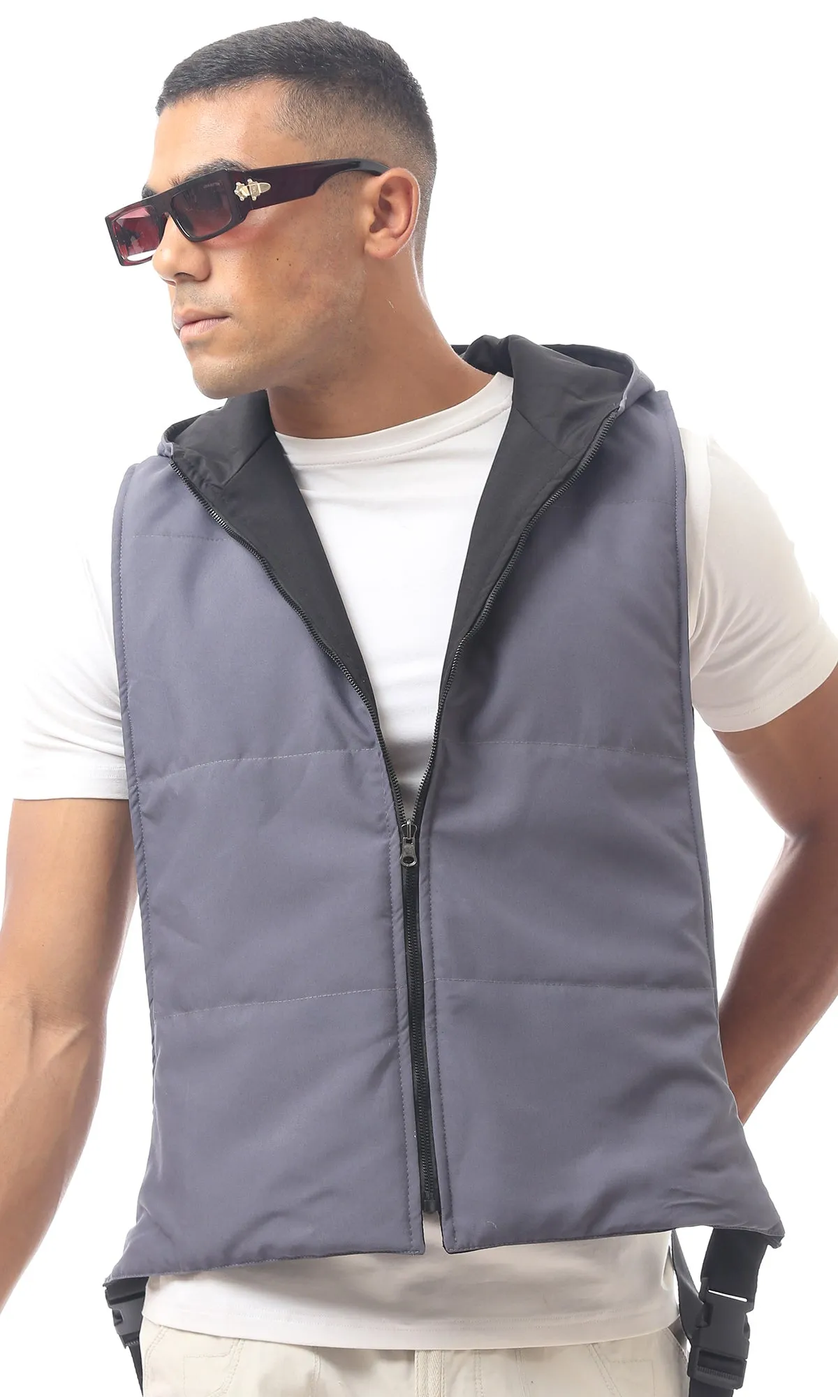 O173708 Dark Grey Double Faced Fly Zip Vest