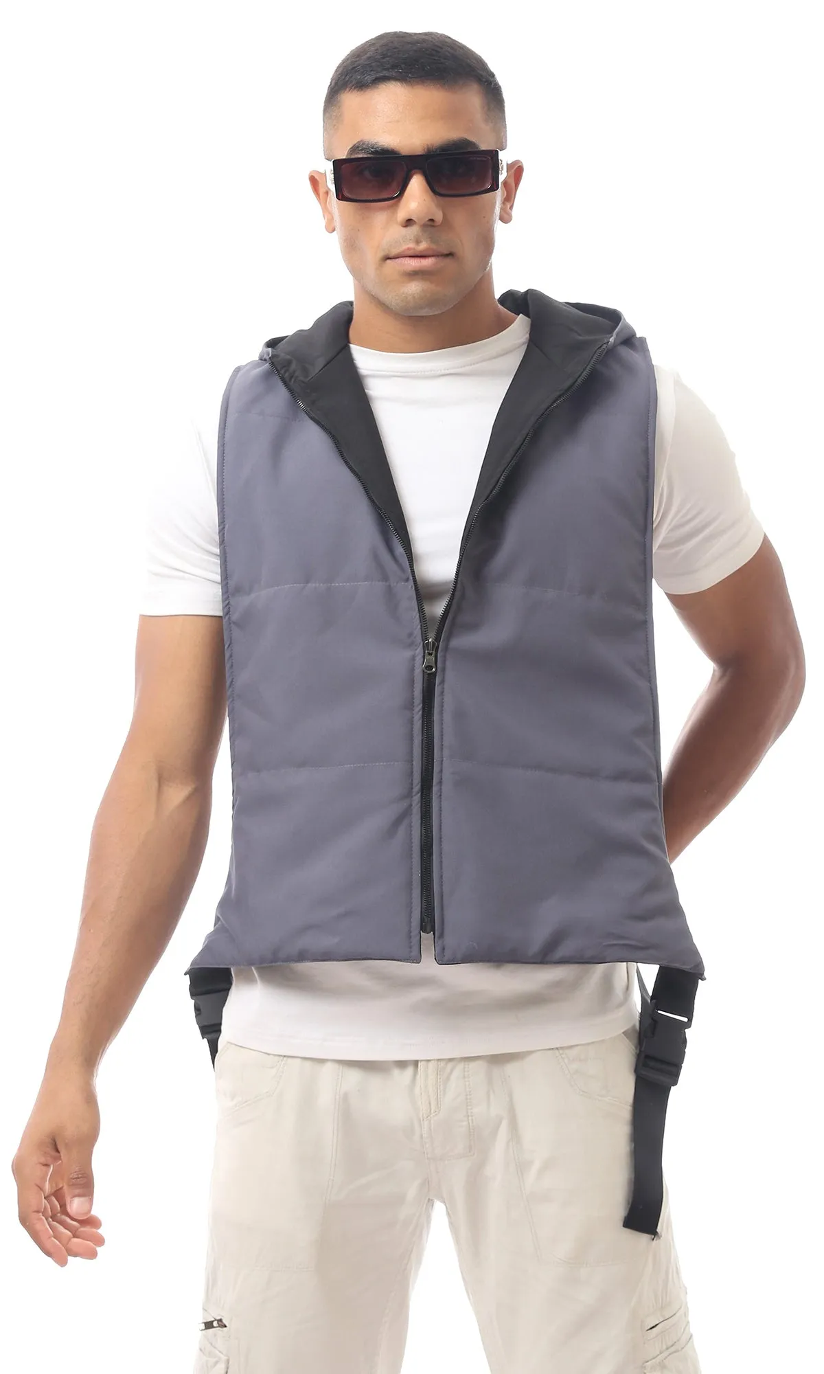 O173708 Dark Grey Double Faced Fly Zip Vest