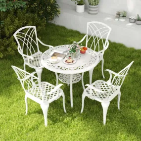 5 Piece Patio Bistro Table Chair Set with Umbrella Hole and Aluminum Frame-White