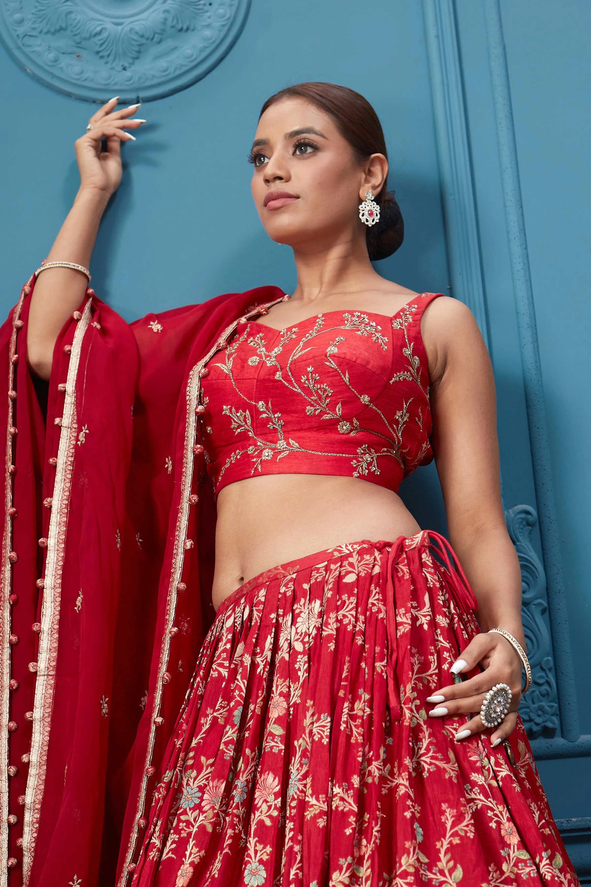 310051 Red Golden Embroidered Lehenga Set