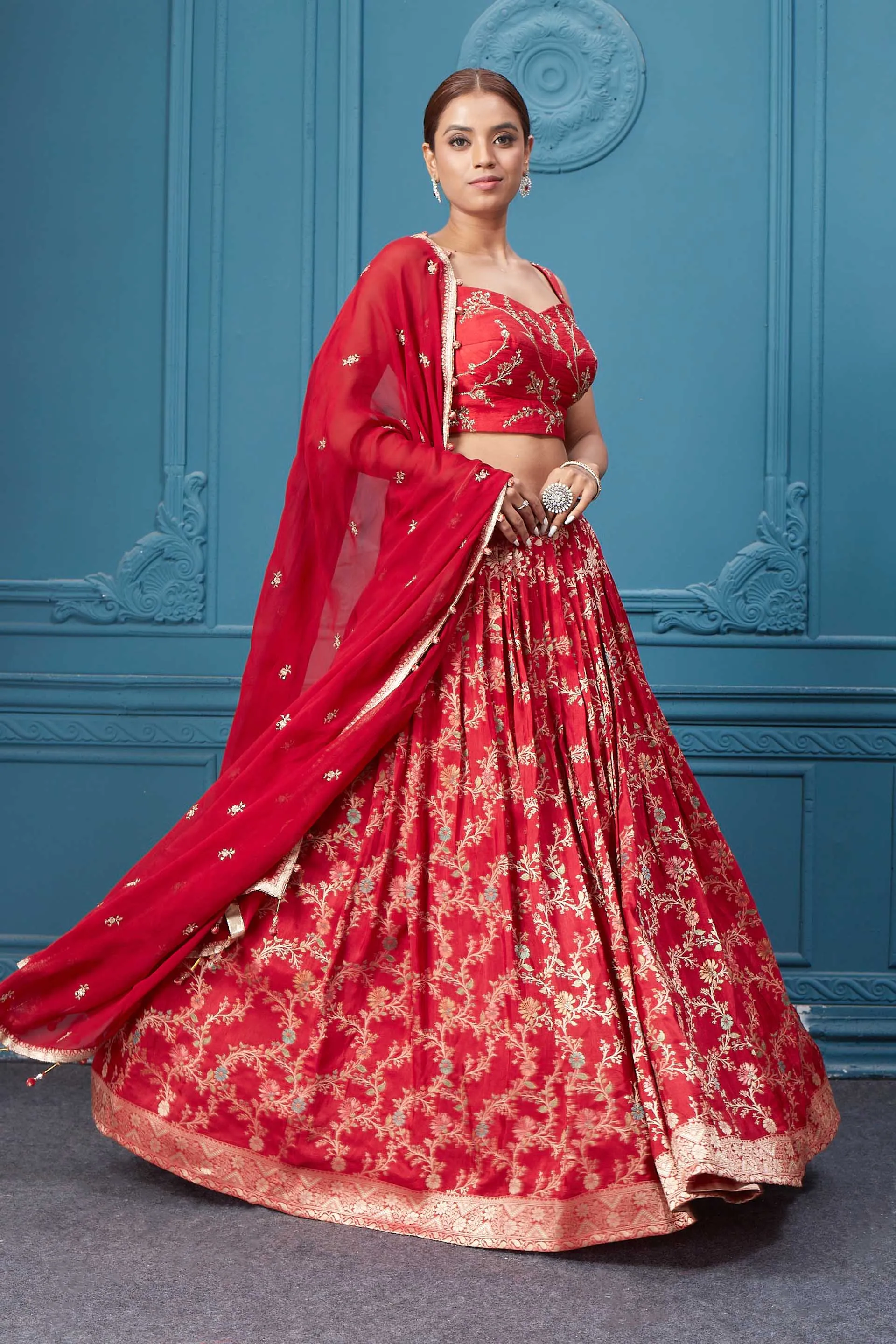 310051 Red Golden Embroidered Lehenga Set