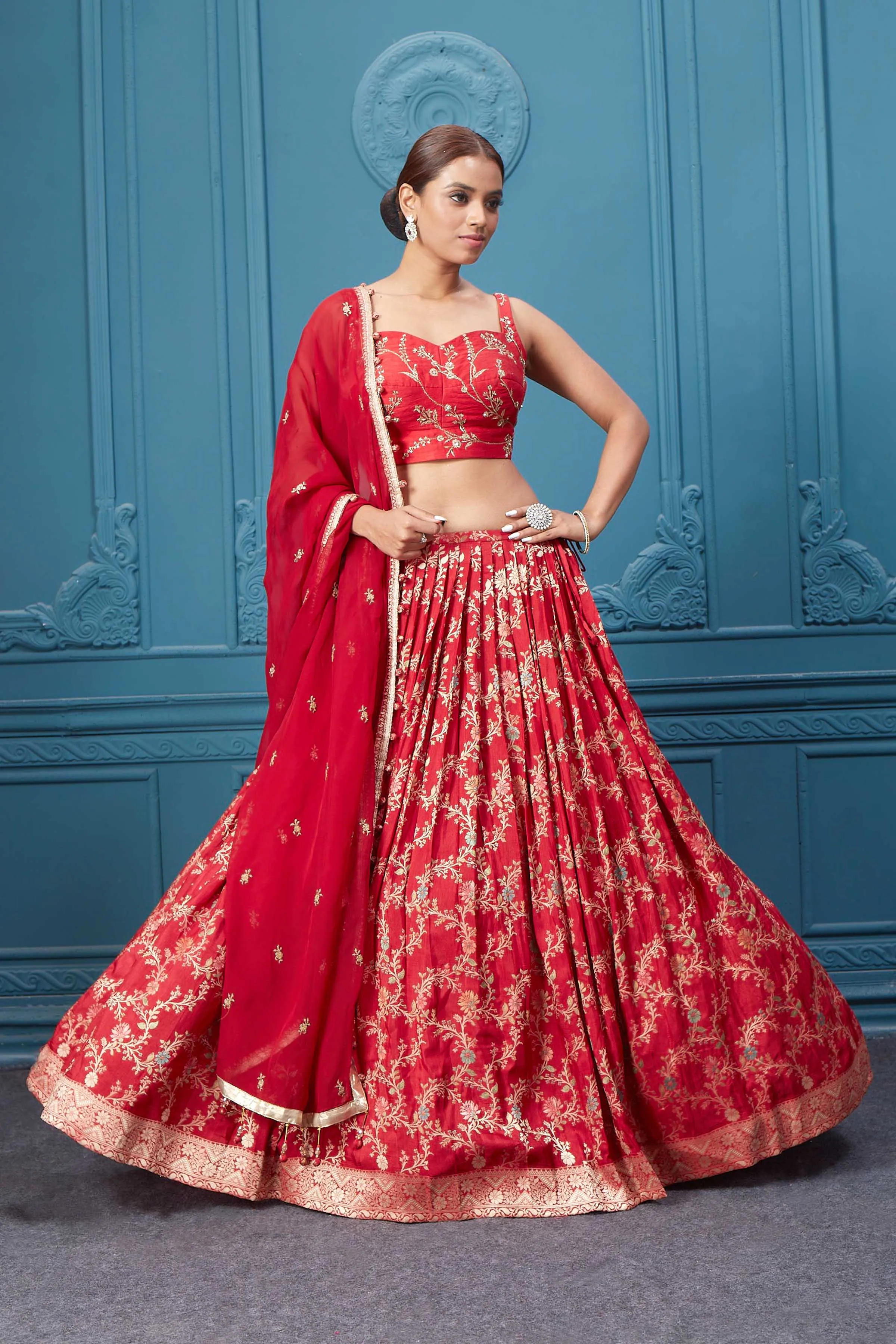 310051 Red Golden Embroidered Lehenga Set