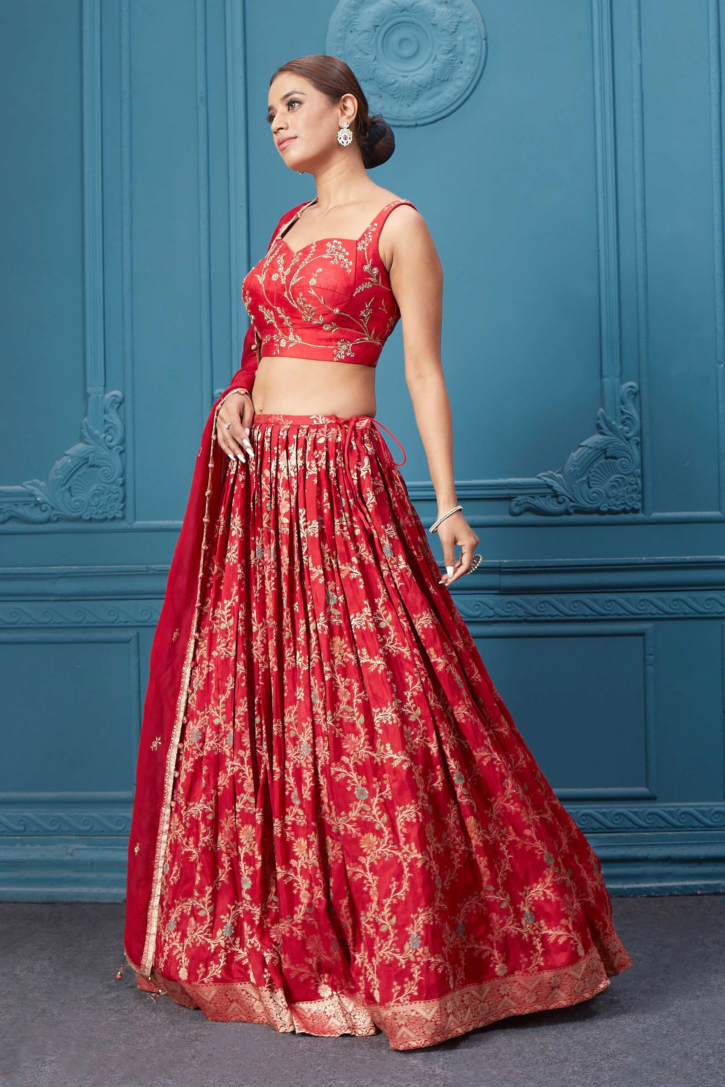 310051 Red Golden Embroidered Lehenga Set