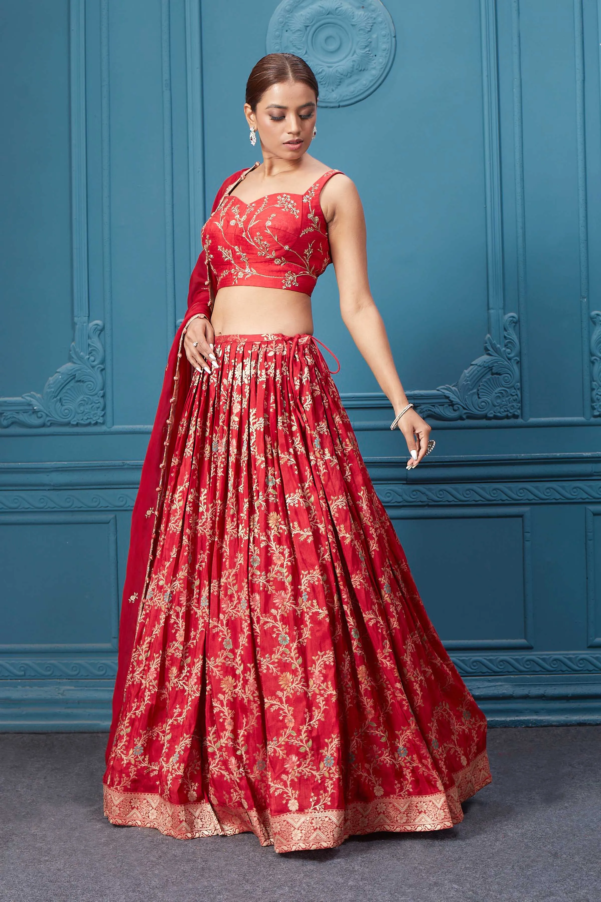 310051 Red Golden Embroidered Lehenga Set