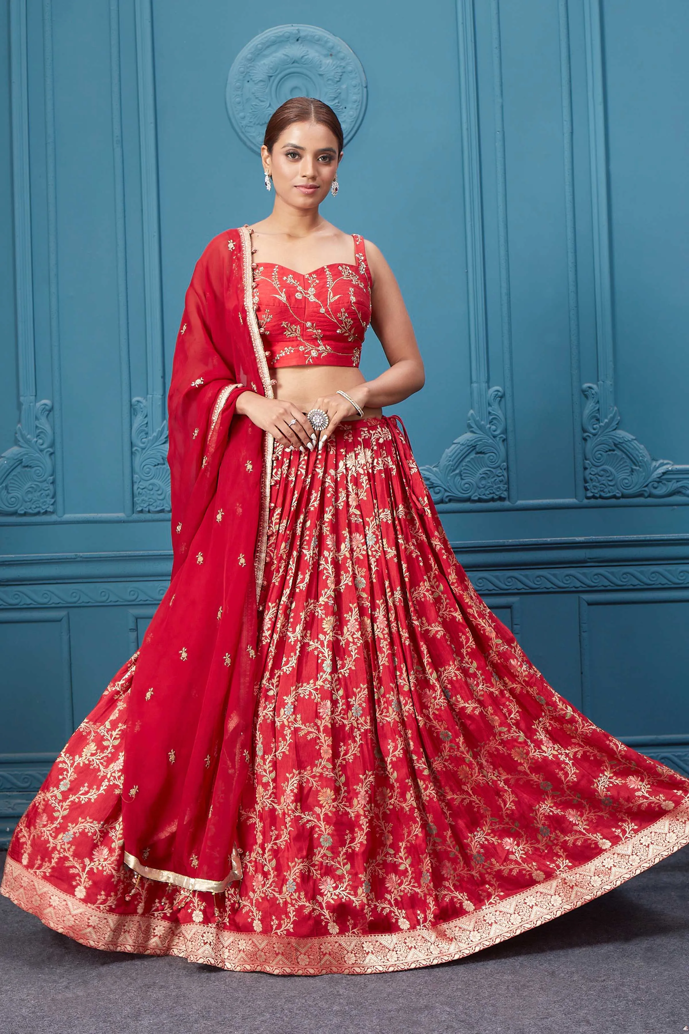 310051 Red Golden Embroidered Lehenga Set