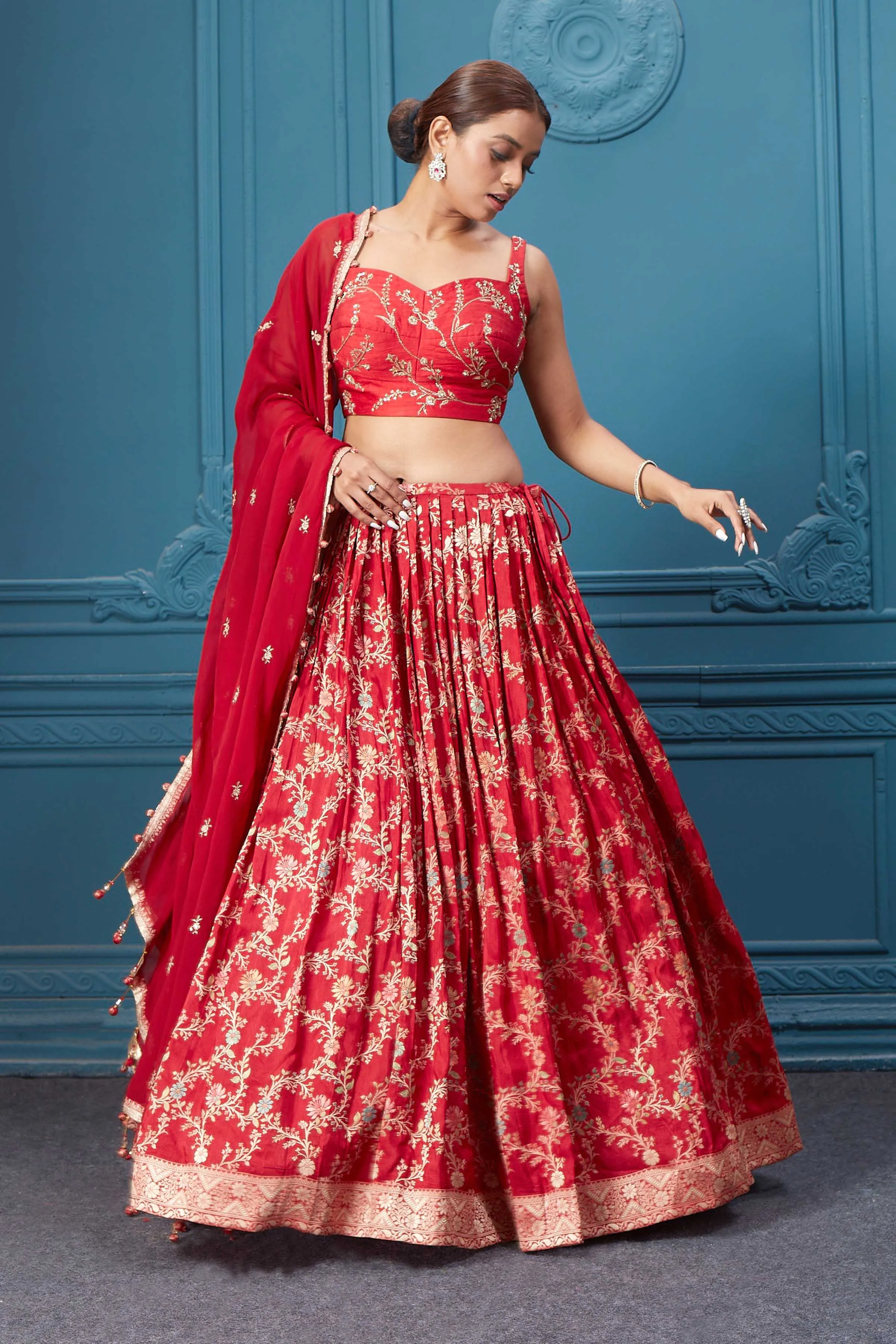 310051 Red Golden Embroidered Lehenga Set