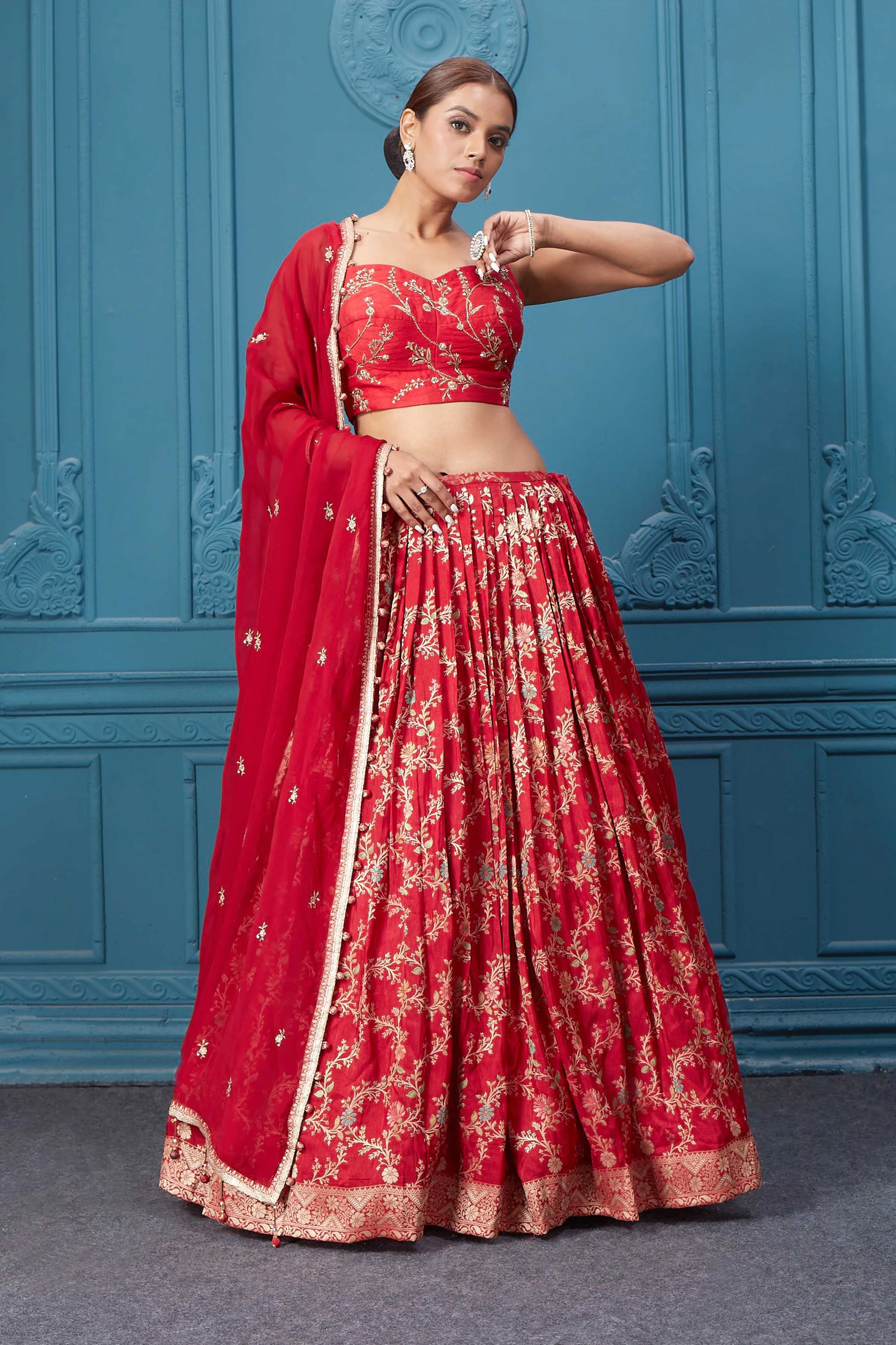 310051 Red Golden Embroidered Lehenga Set