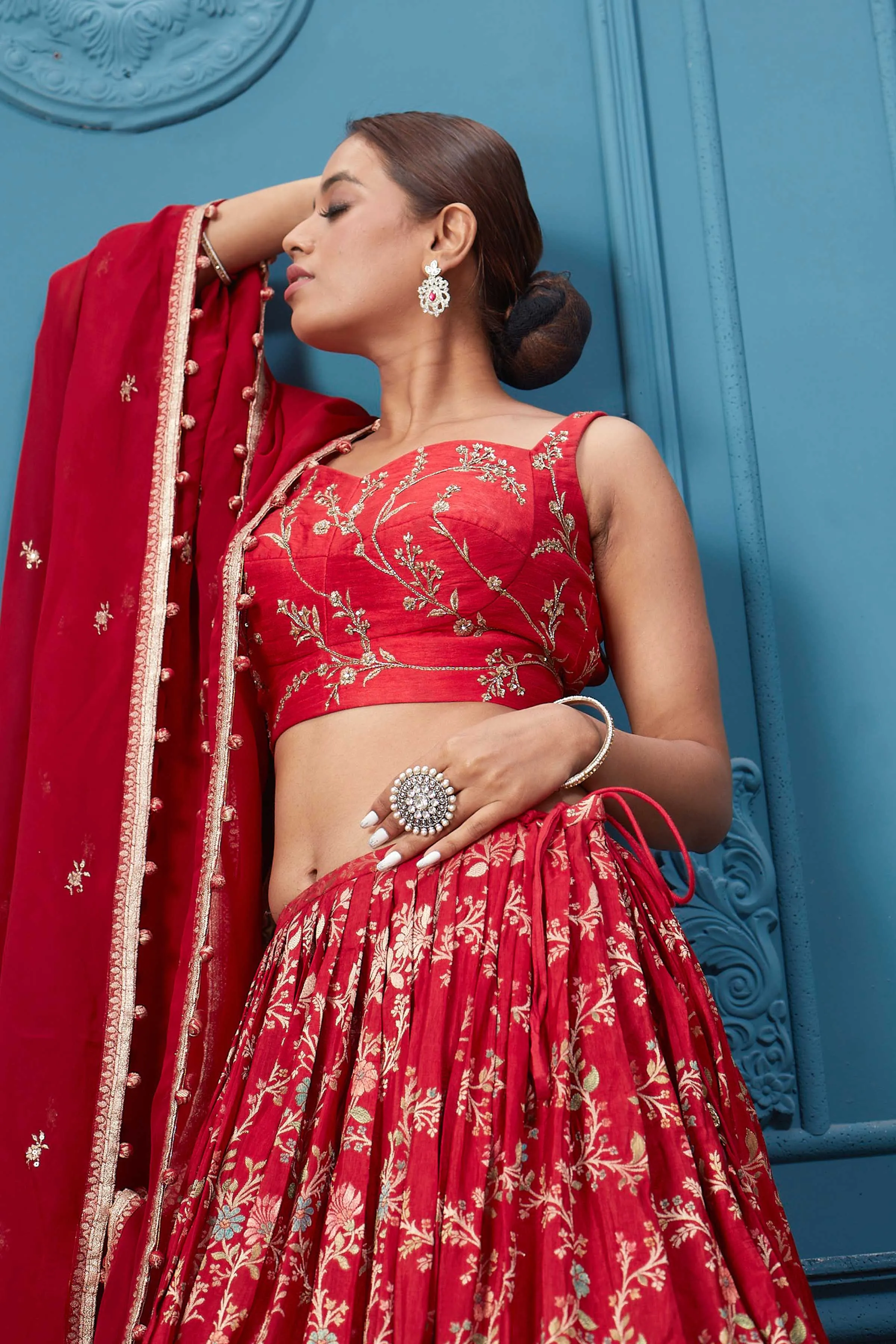 310051 Red Golden Embroidered Lehenga Set