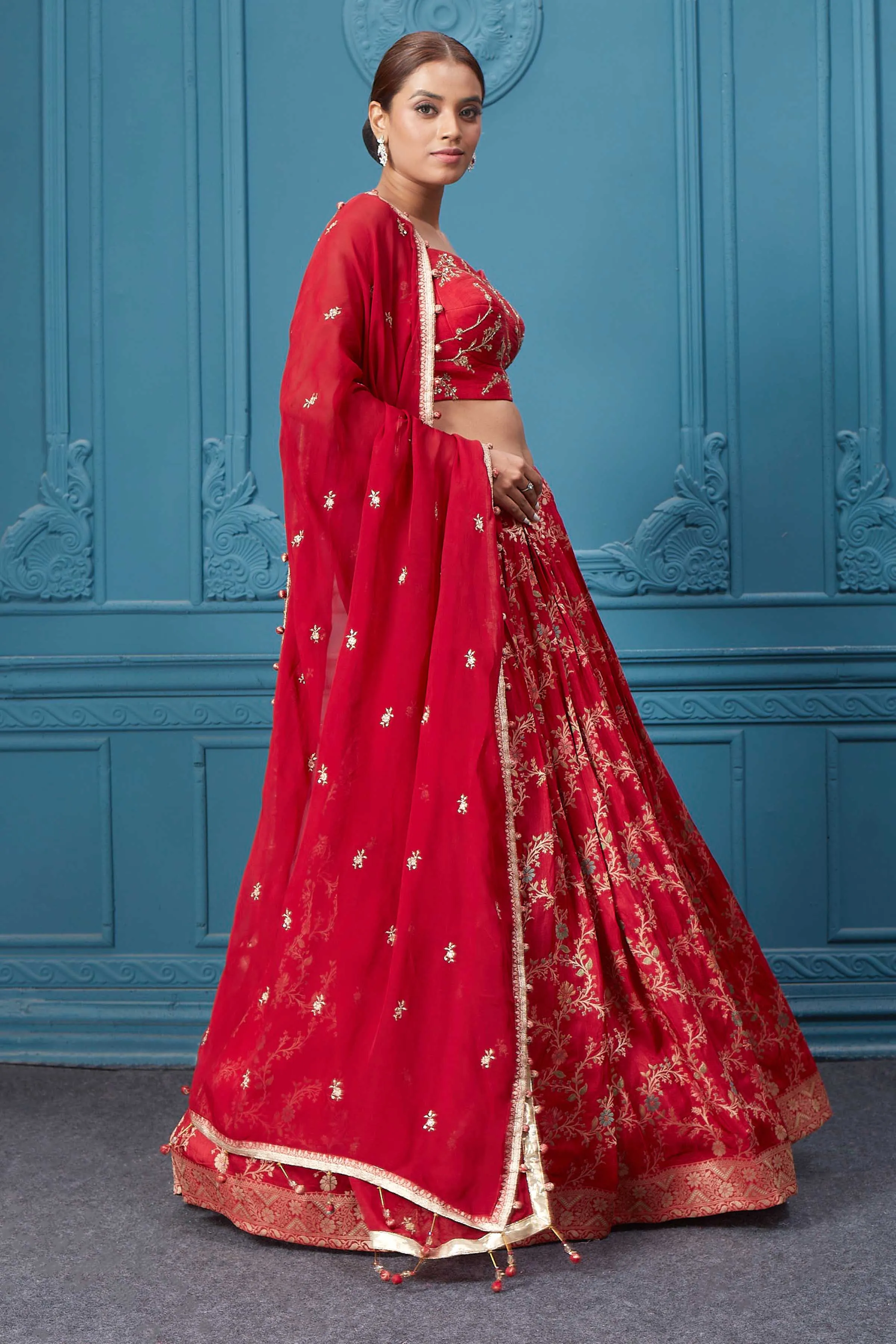 310051 Red Golden Embroidered Lehenga Set