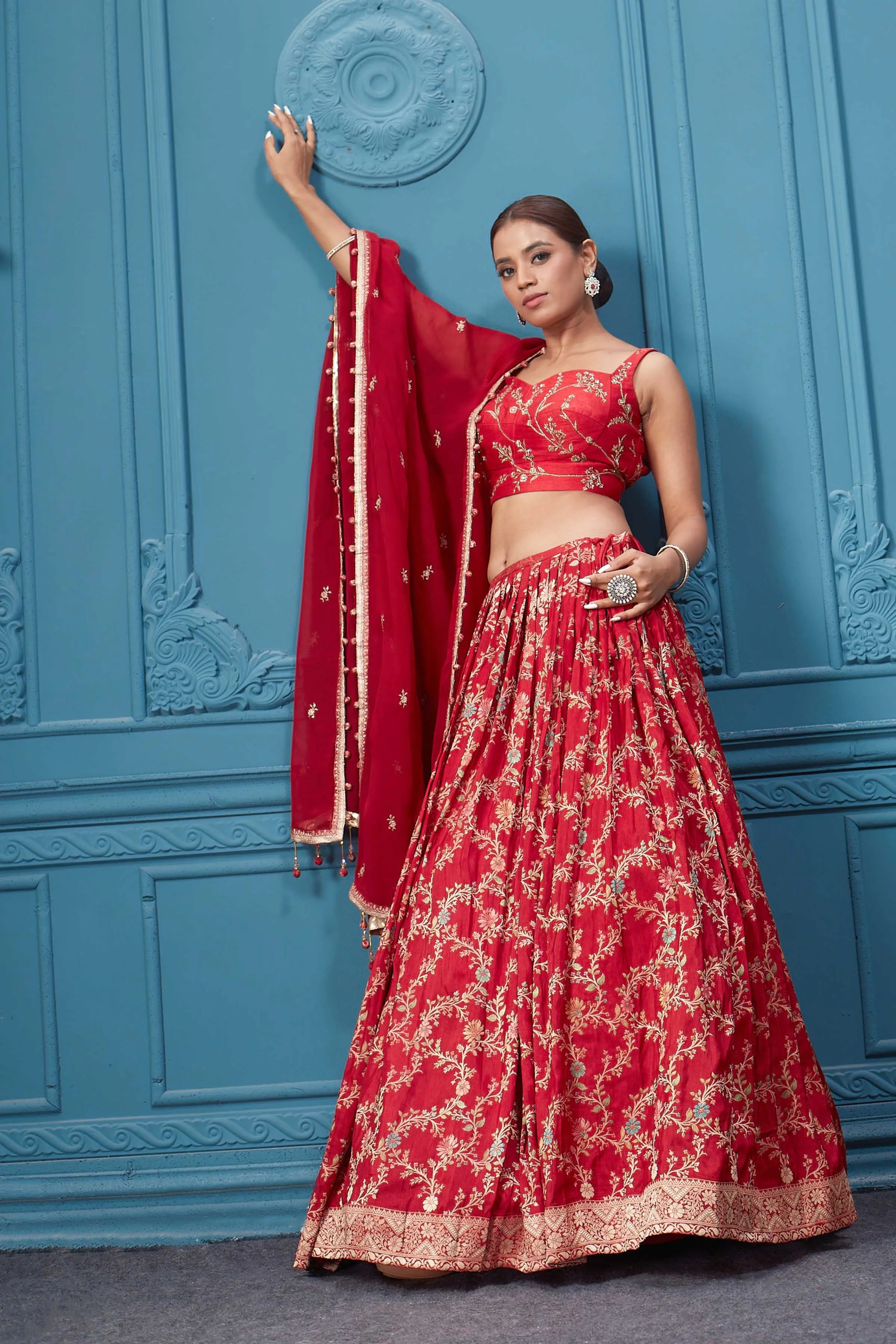 310051 Red Golden Embroidered Lehenga Set