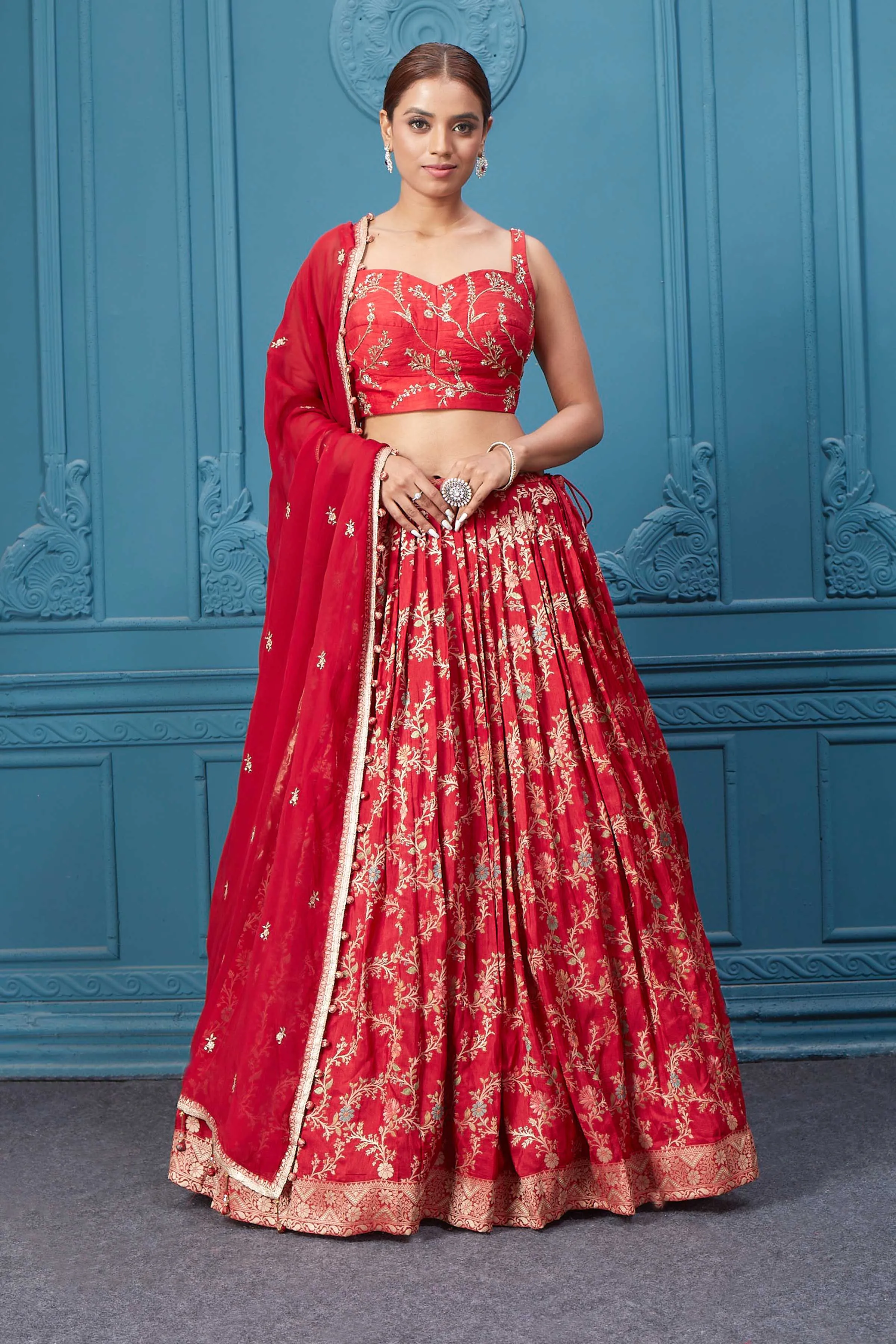 310051 Red Golden Embroidered Lehenga Set