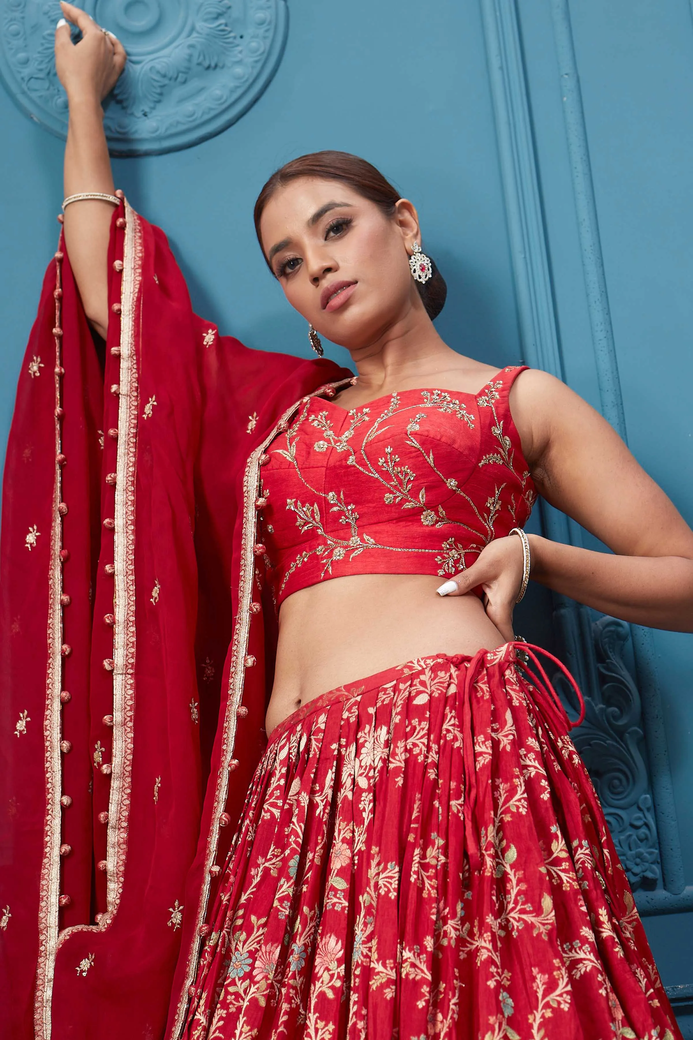 310051 Red Golden Embroidered Lehenga Set