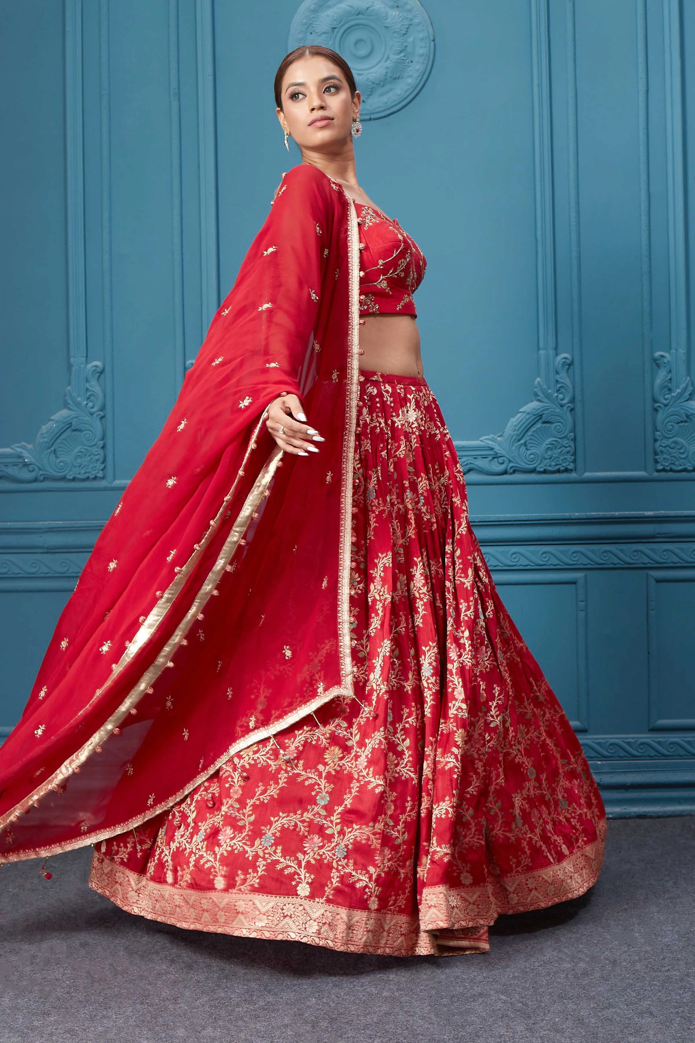 310051 Red Golden Embroidered Lehenga Set