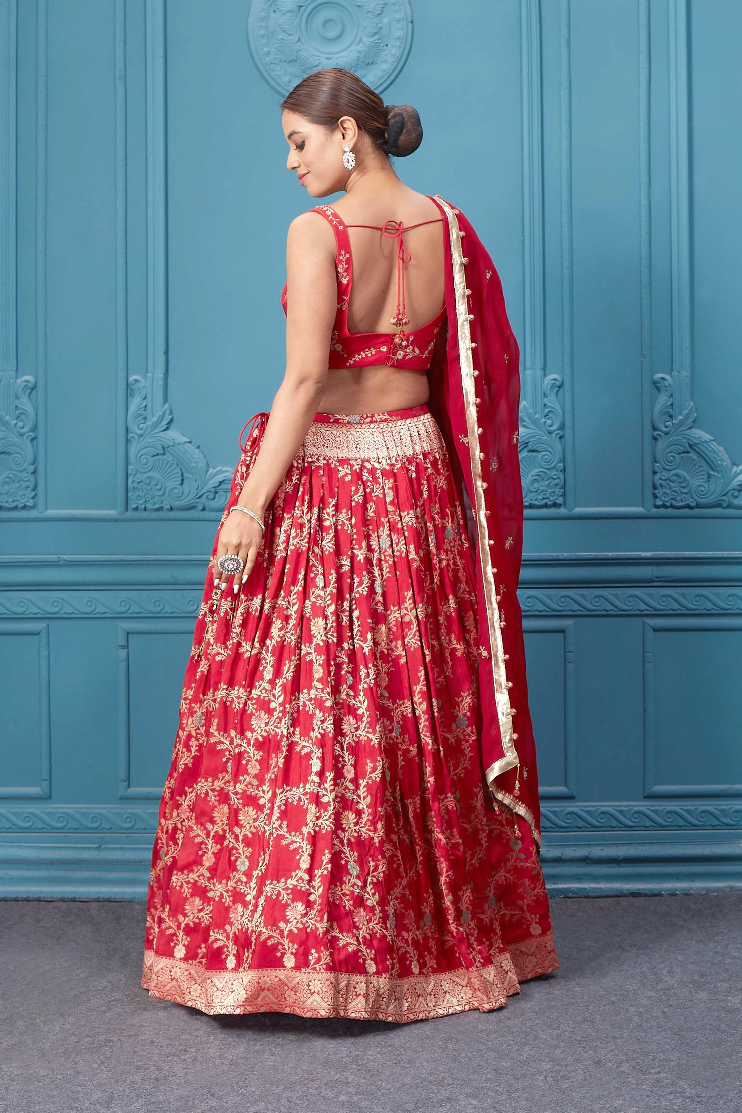 310051 Red Golden Embroidered Lehenga Set