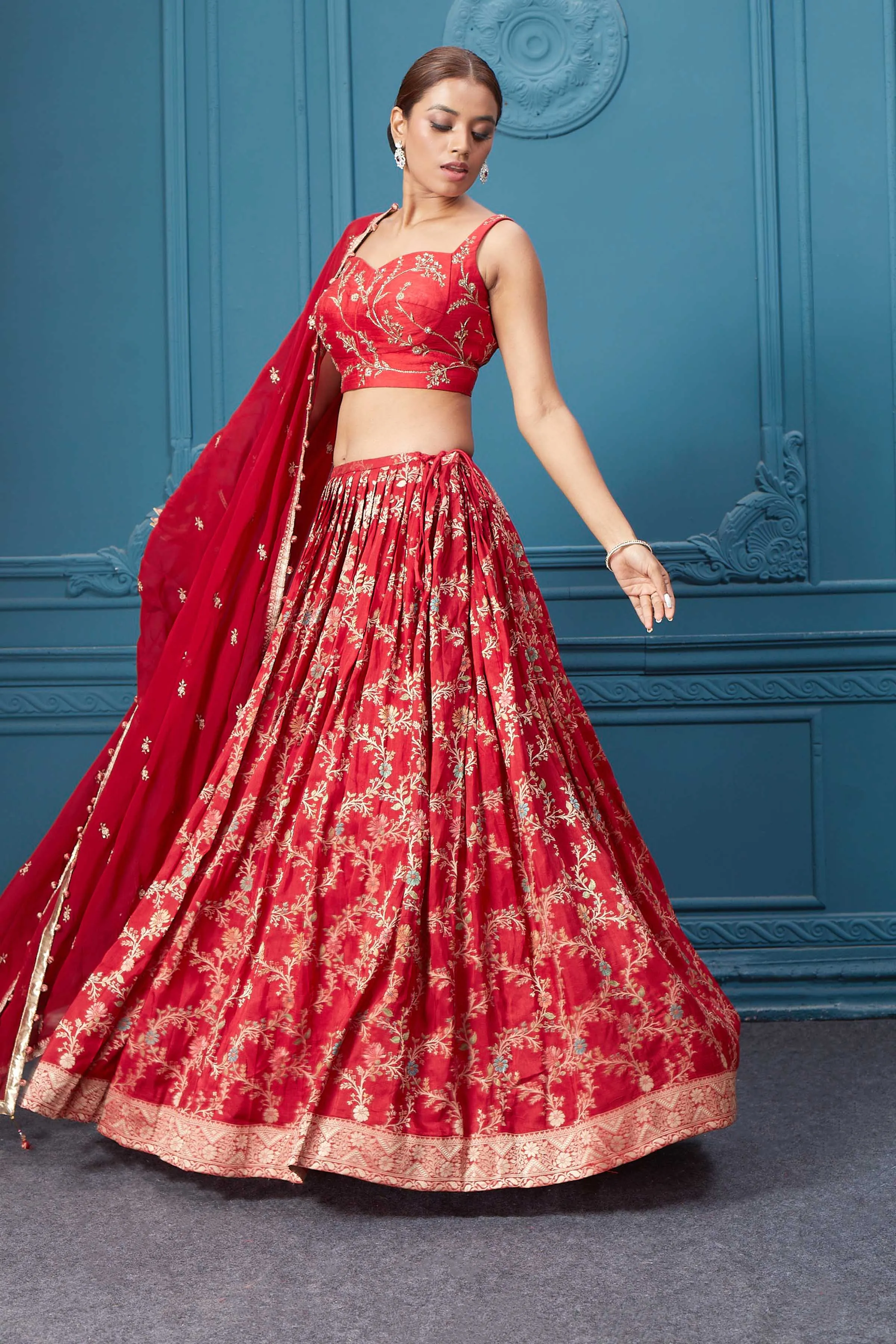 310051 Red Golden Embroidered Lehenga Set