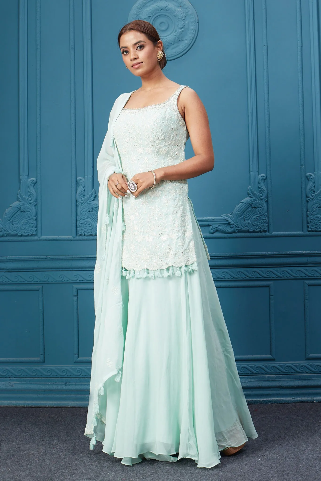 510033 Light Blue Suit Set With Tassel Dupatta