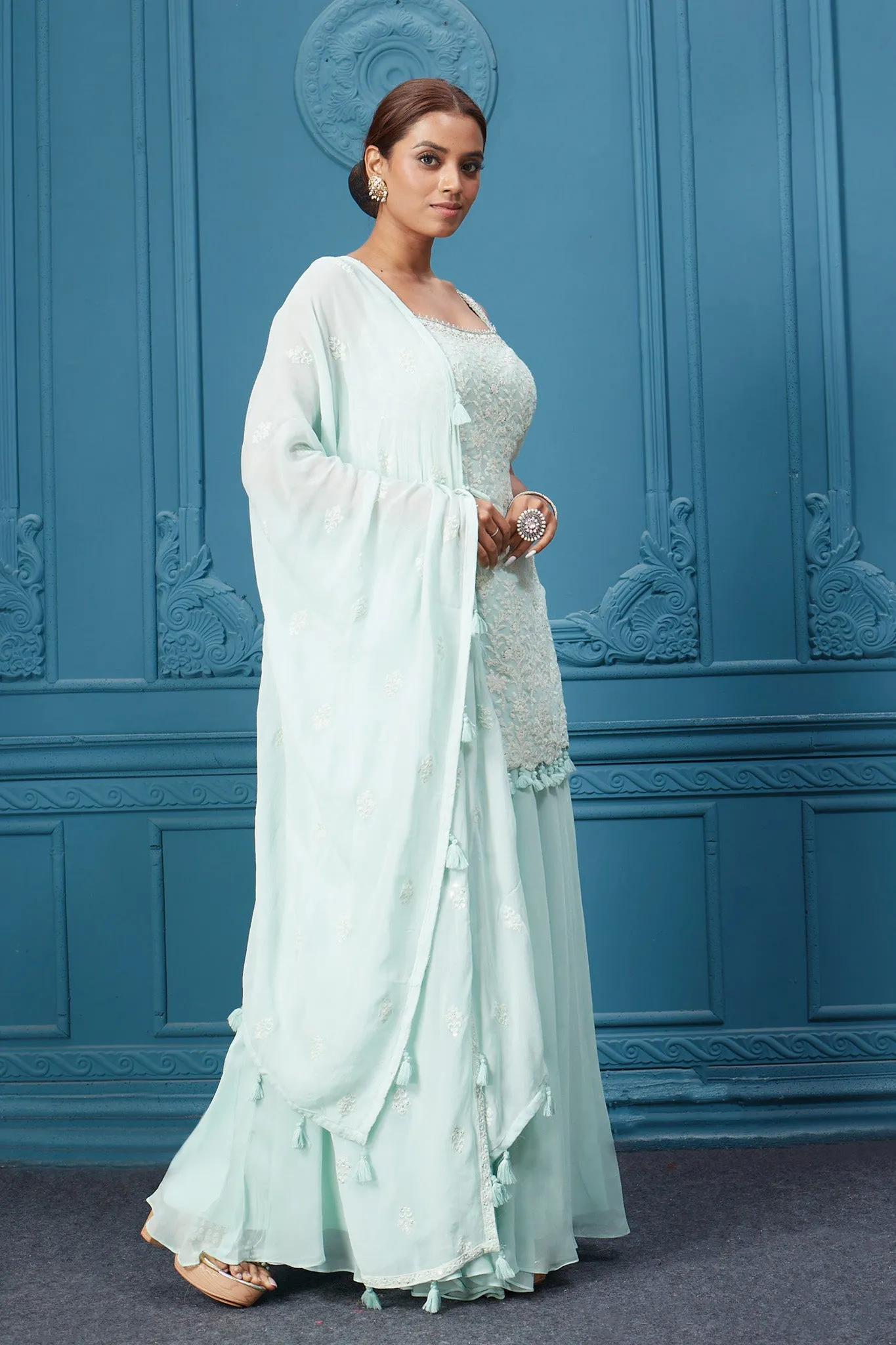 510033 Light Blue Suit Set With Tassel Dupatta