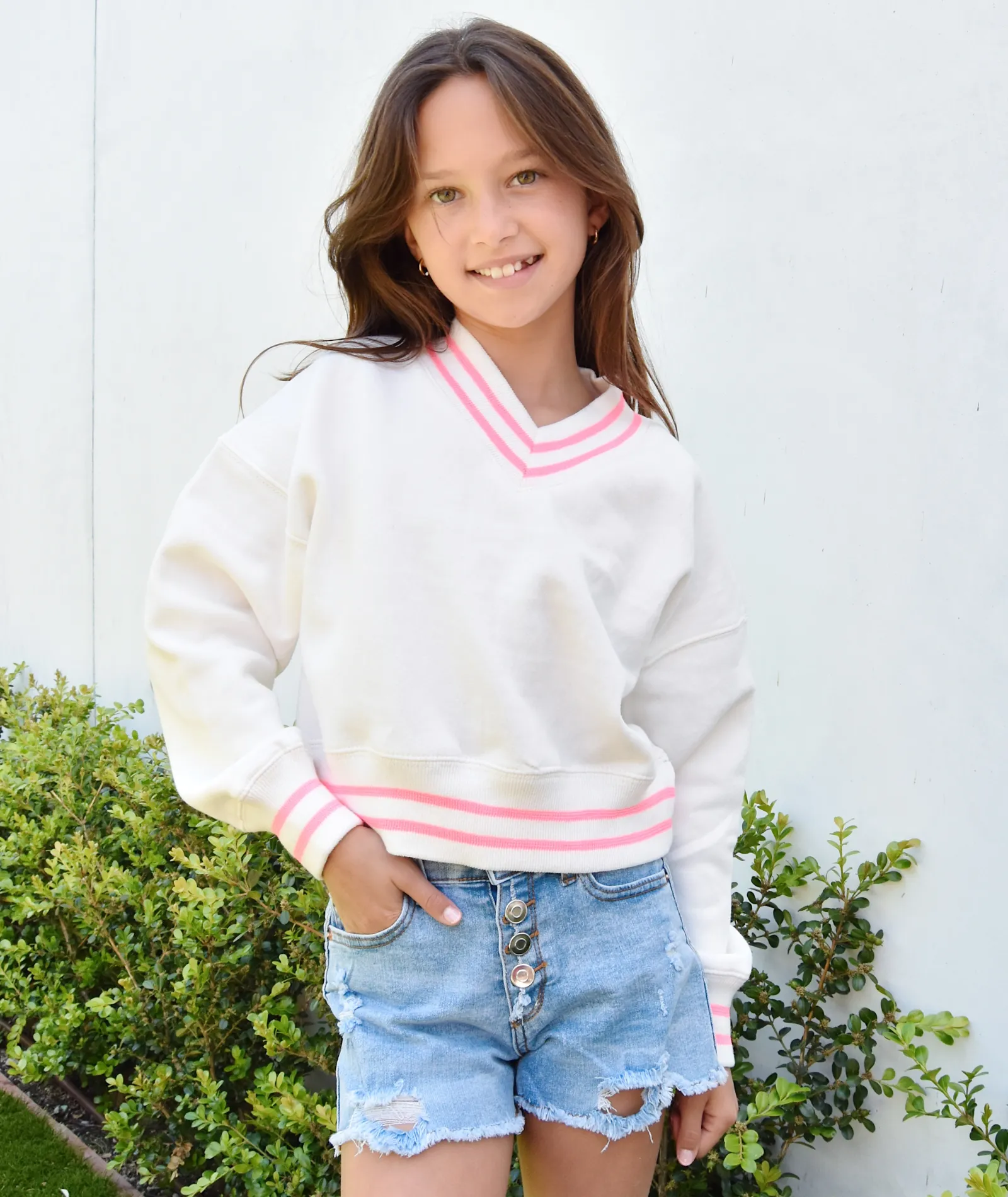 Vintage Havana Girls Pink Stripe V-Neck Sweater